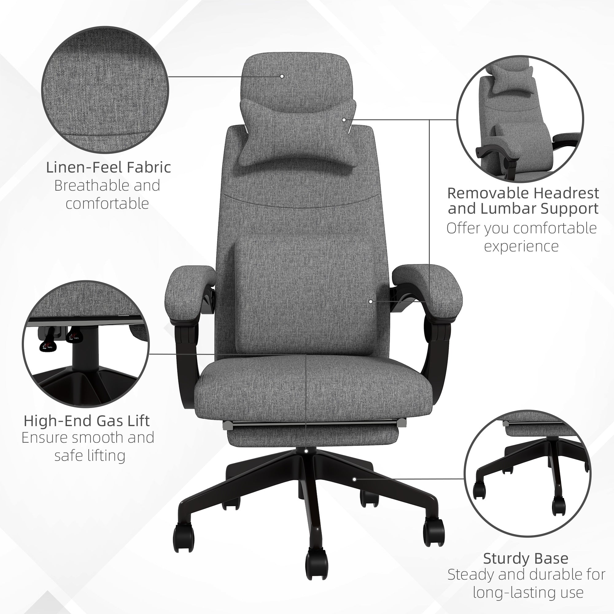 Linen-Look Office Chair with 160° Reclining Back and Footrest - Grey