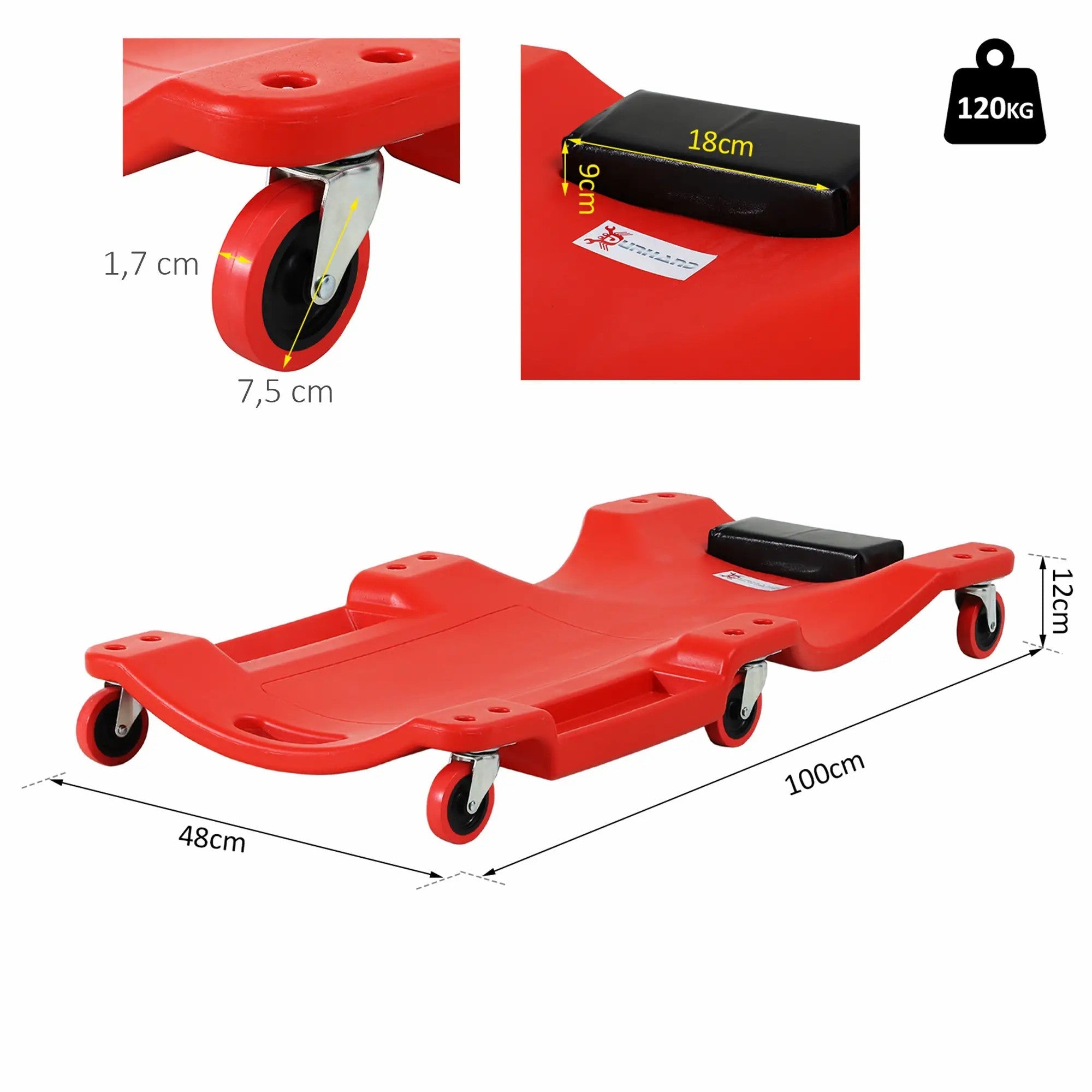 DURHAND Car Rolling Board Workshop Bed, 6 Wheels, 120 kg Load Capacity, Red
