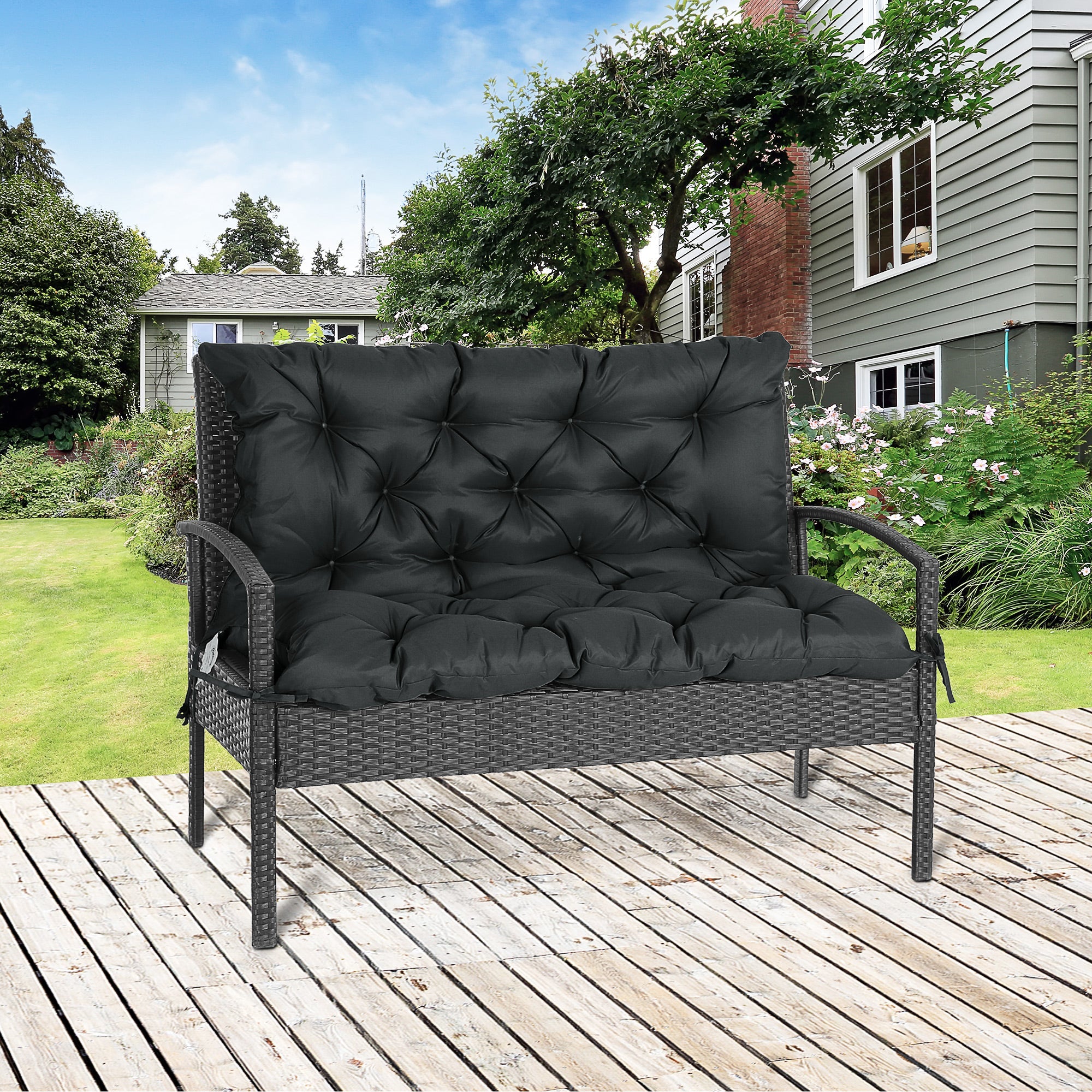 2 Seater Bench Pad, Garden Chair Cushion with Back and Ties 98 x 100 cm, Black