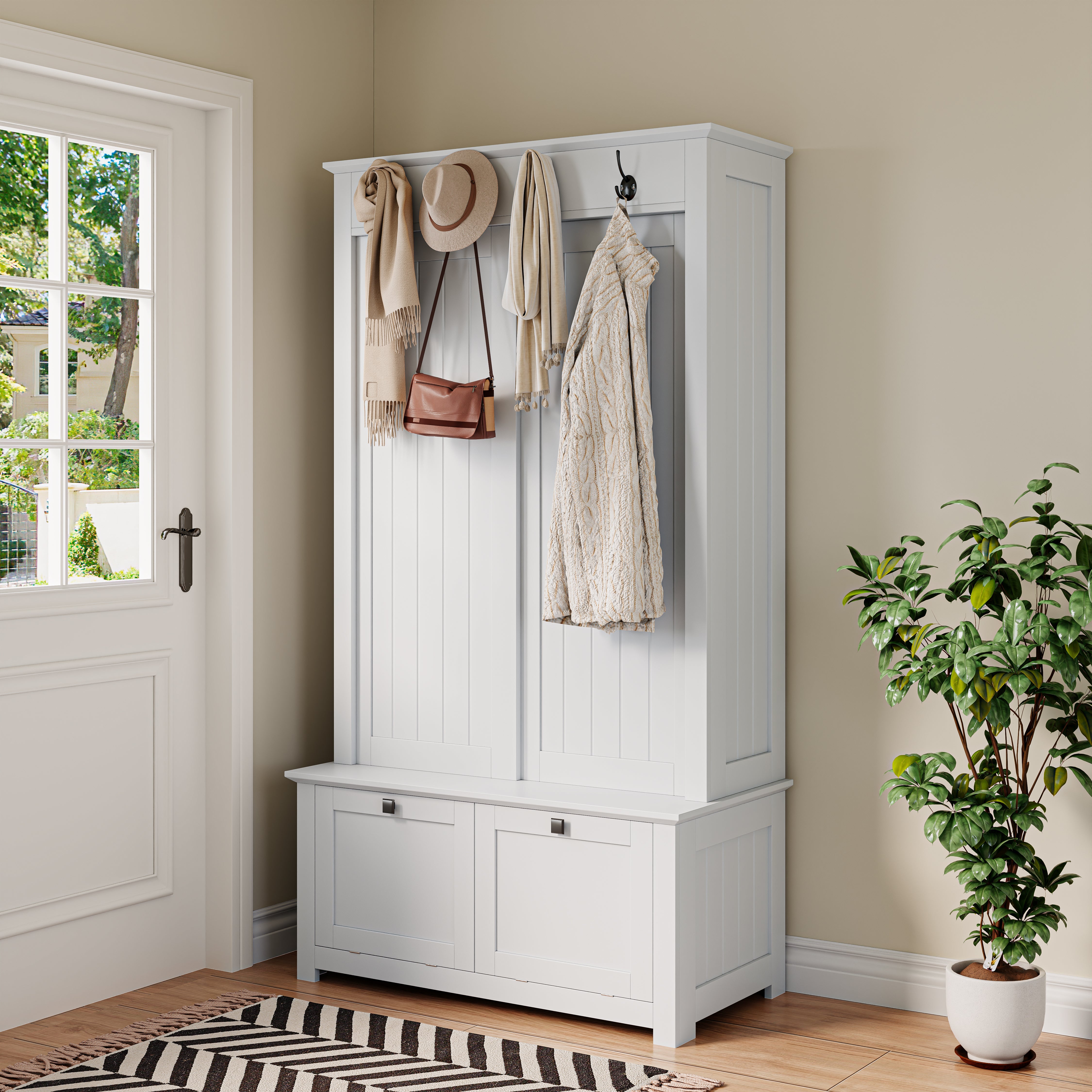 Minimalist Wardrobe Set with Shoe Cabinet, Hooks & Storage - White