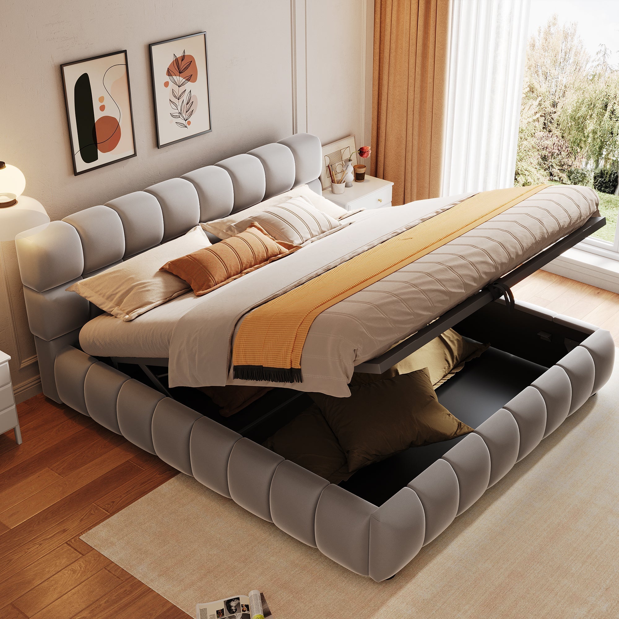 Upholstered Bed 140x200cm Hydraulic Storage Velvet Grey