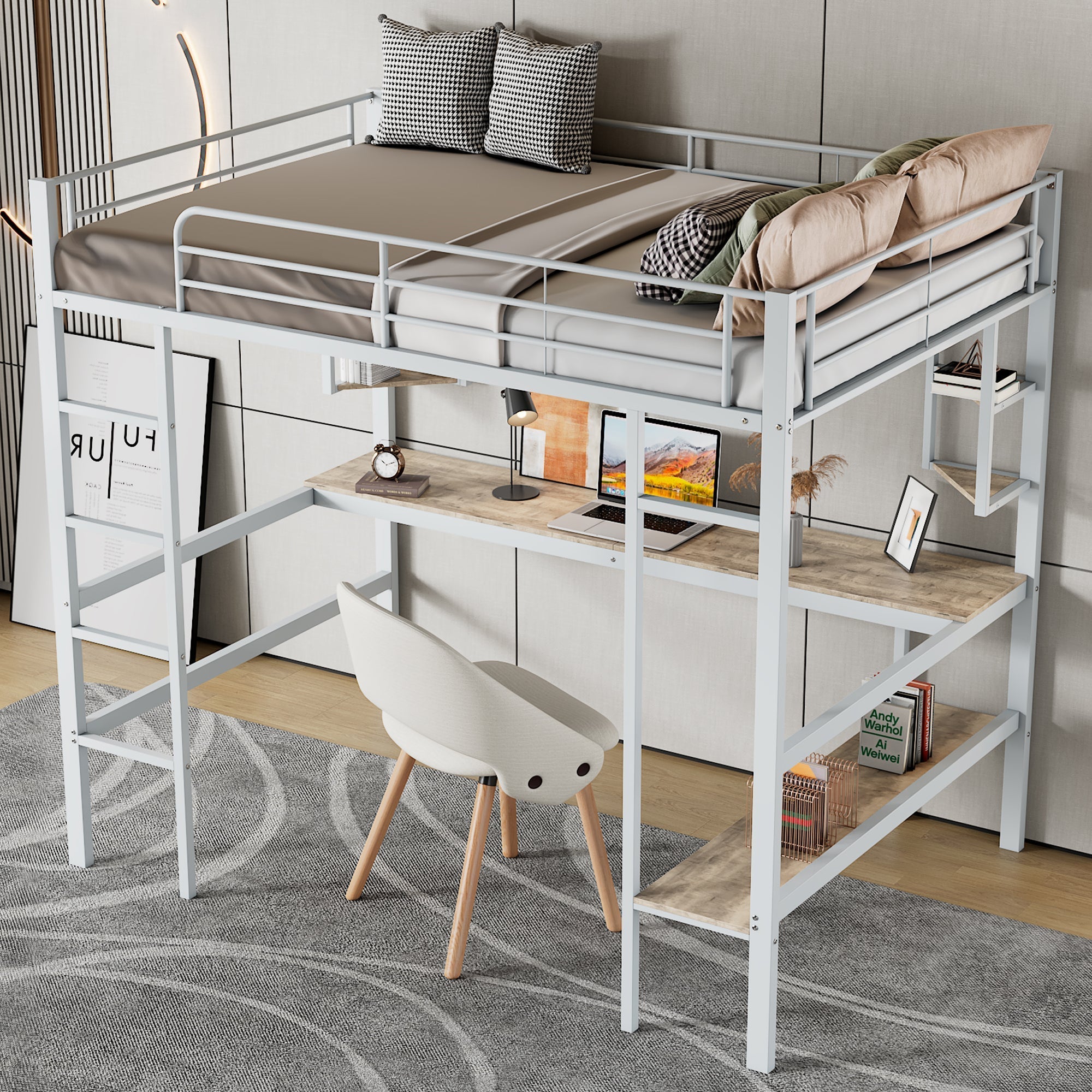 Loft Bed with Desk and Bookshelf, 90x200cm Metal Frame, White