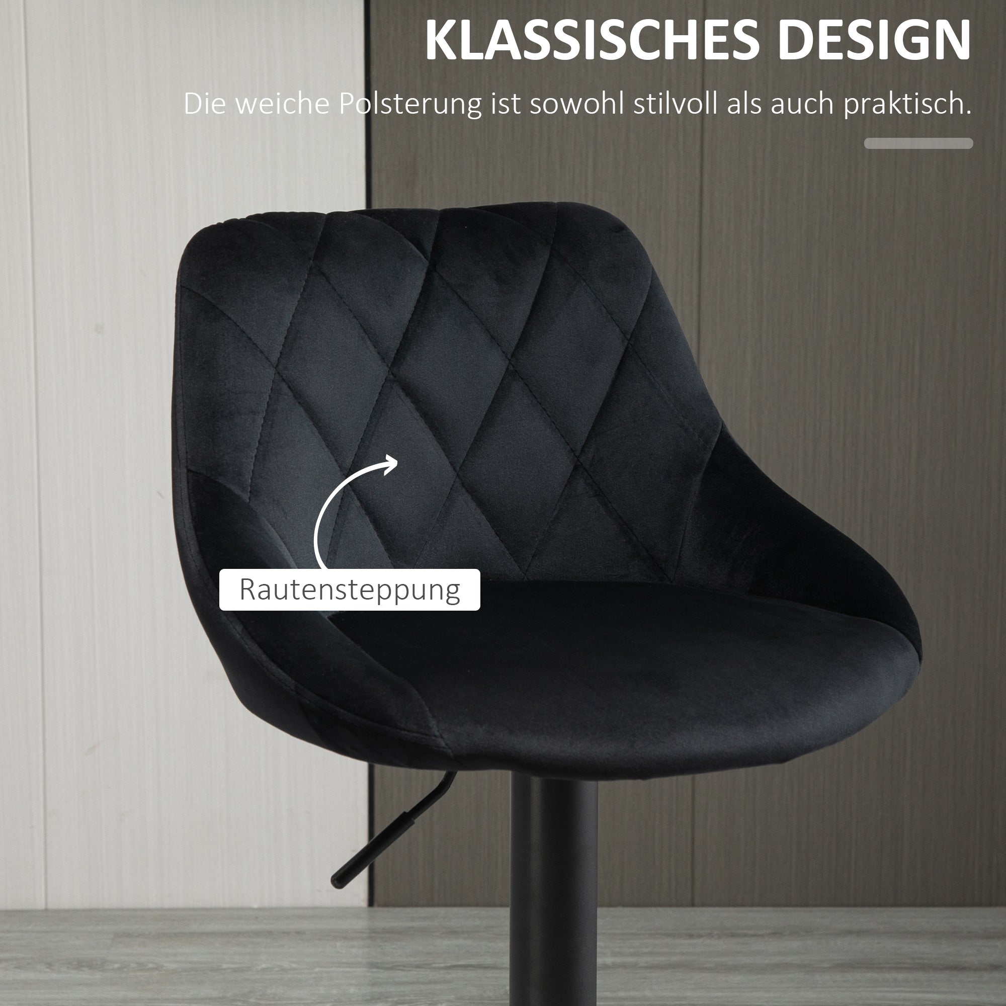 Bar Stool Set of 2, Height Adjustable with Footrest and Backrest, Velvet and Metal, Black