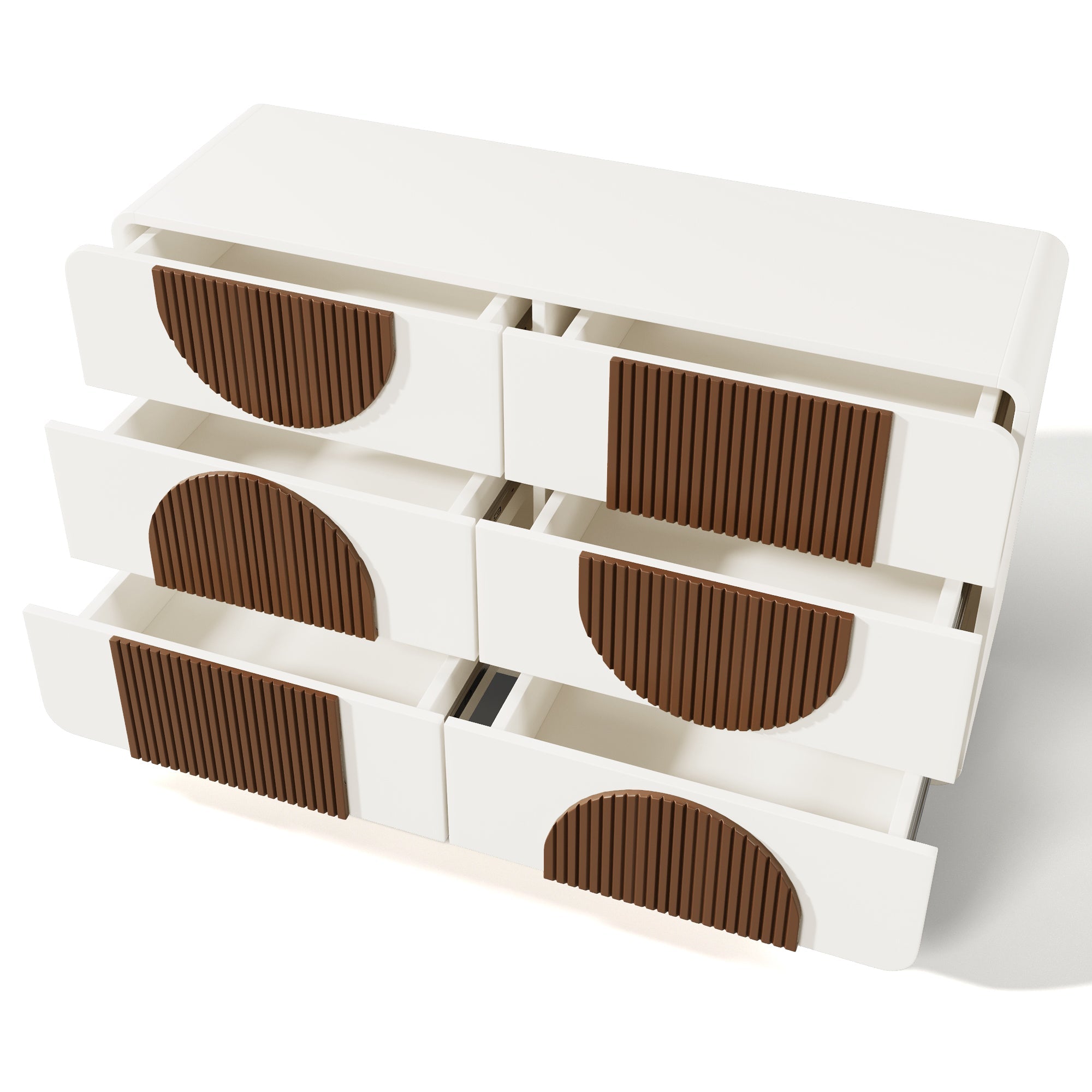 Chest of drawers 6 drawers curved design Elegant white with chocolate-colored wooden trim
