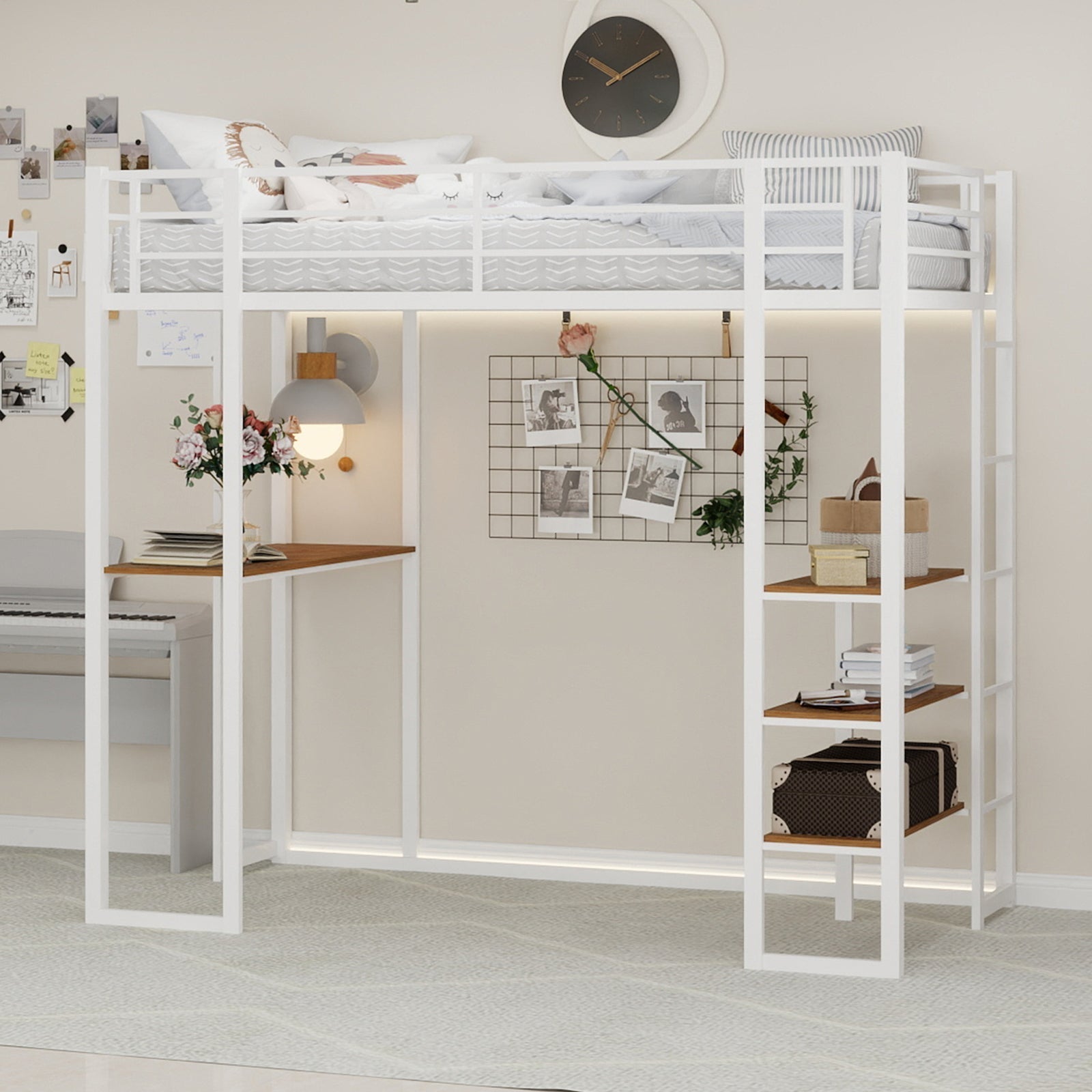 Iron Frame Bed, L-Shaped Desk, Railing, Stairs, Metal