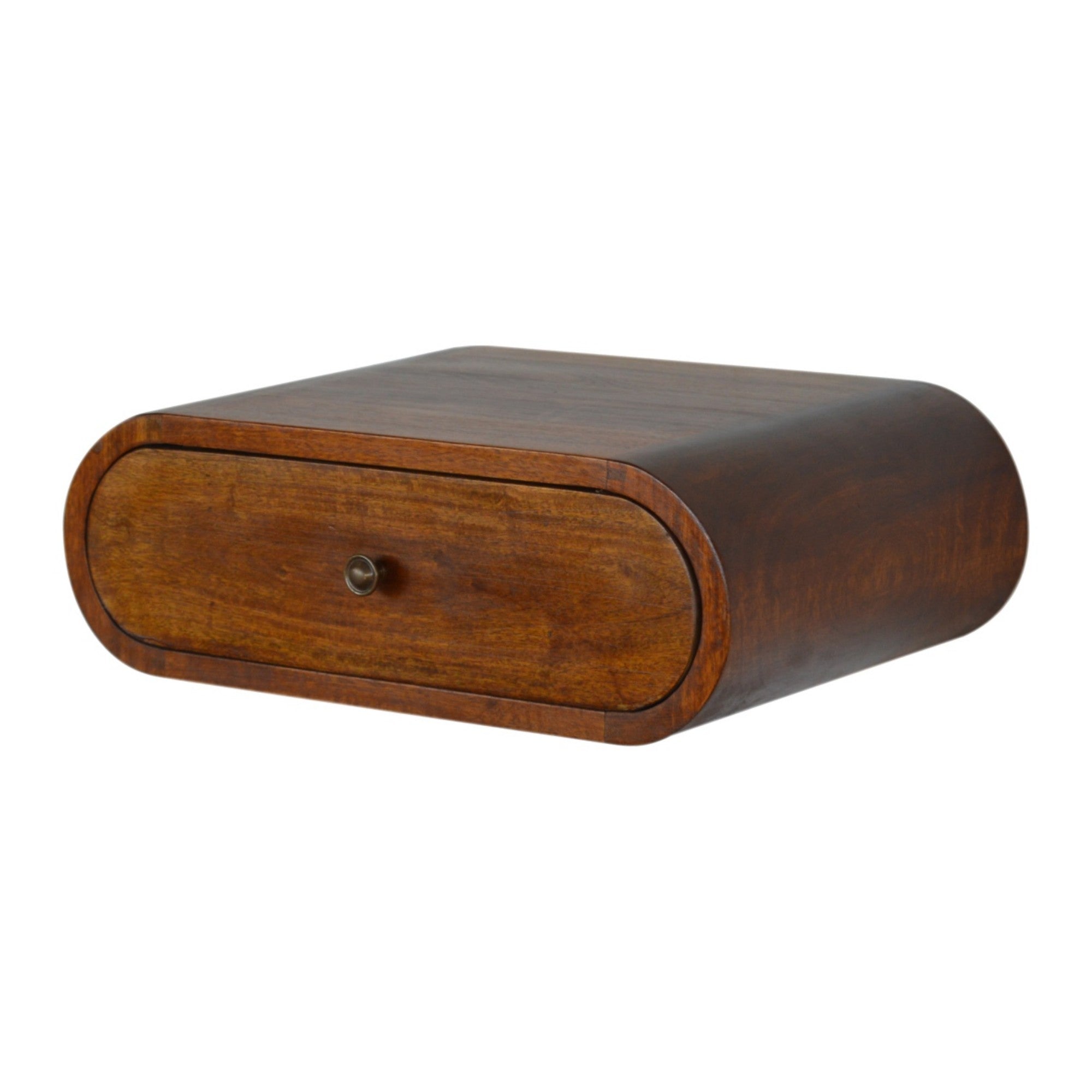 Solid Wood Bedside, Wall Mounted Round 1 Drawer, Dark Brown