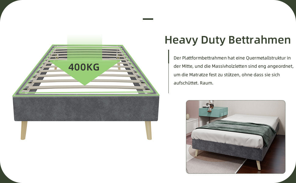 Modernes minimalistisches Bettgestell, niedrige Basis 90x200 cm, grauer holländischer Samtstoff