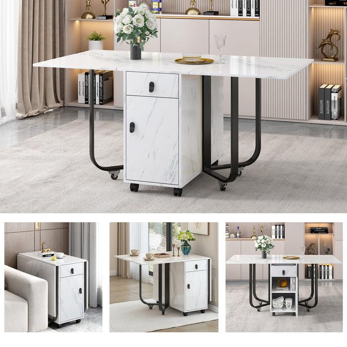 Folding Dining Table, Space-Saving with Cabinet and 2 Drawers, White/Black