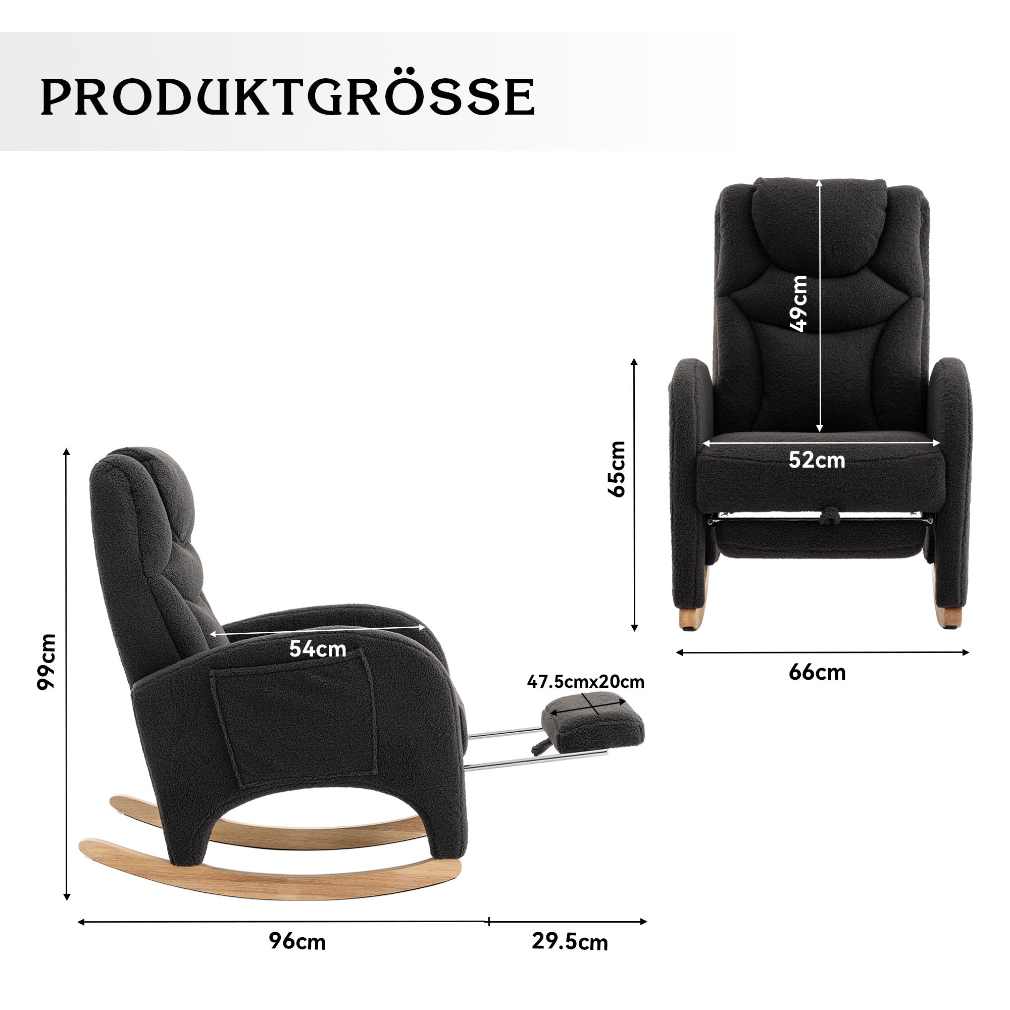 052 Rocking Chair, Upholstered with Armrest, Dark Grey Teddy Fabric