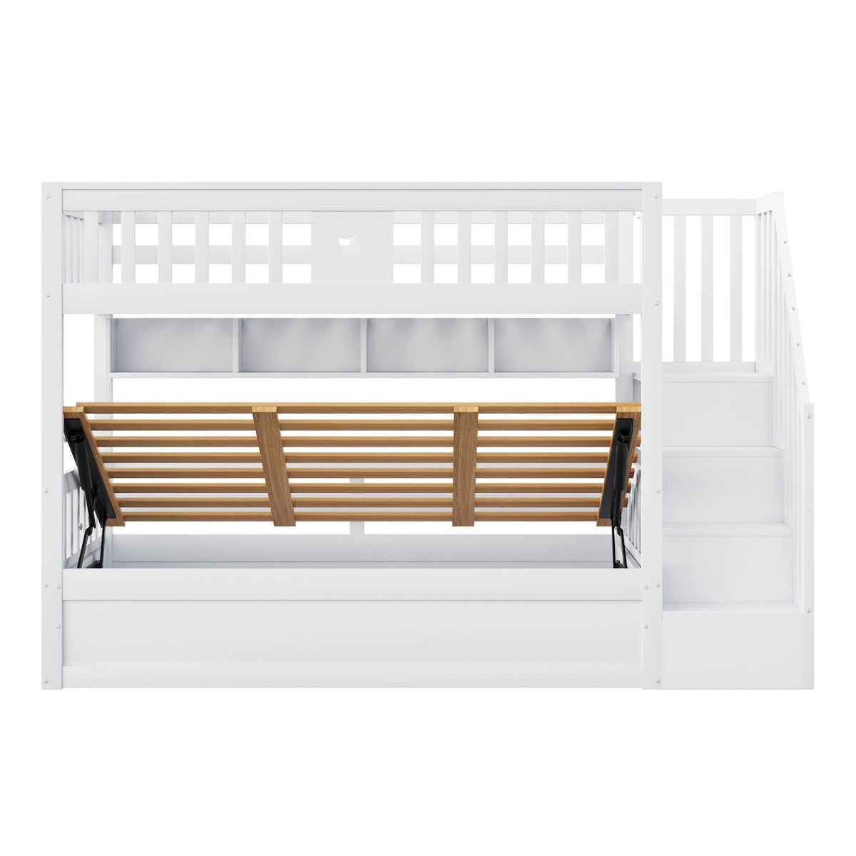 Wooden Bed 90x200cm, Hydraulic Storage, Stairs, Shelves, Loft/Bunk/Youth Bed, White