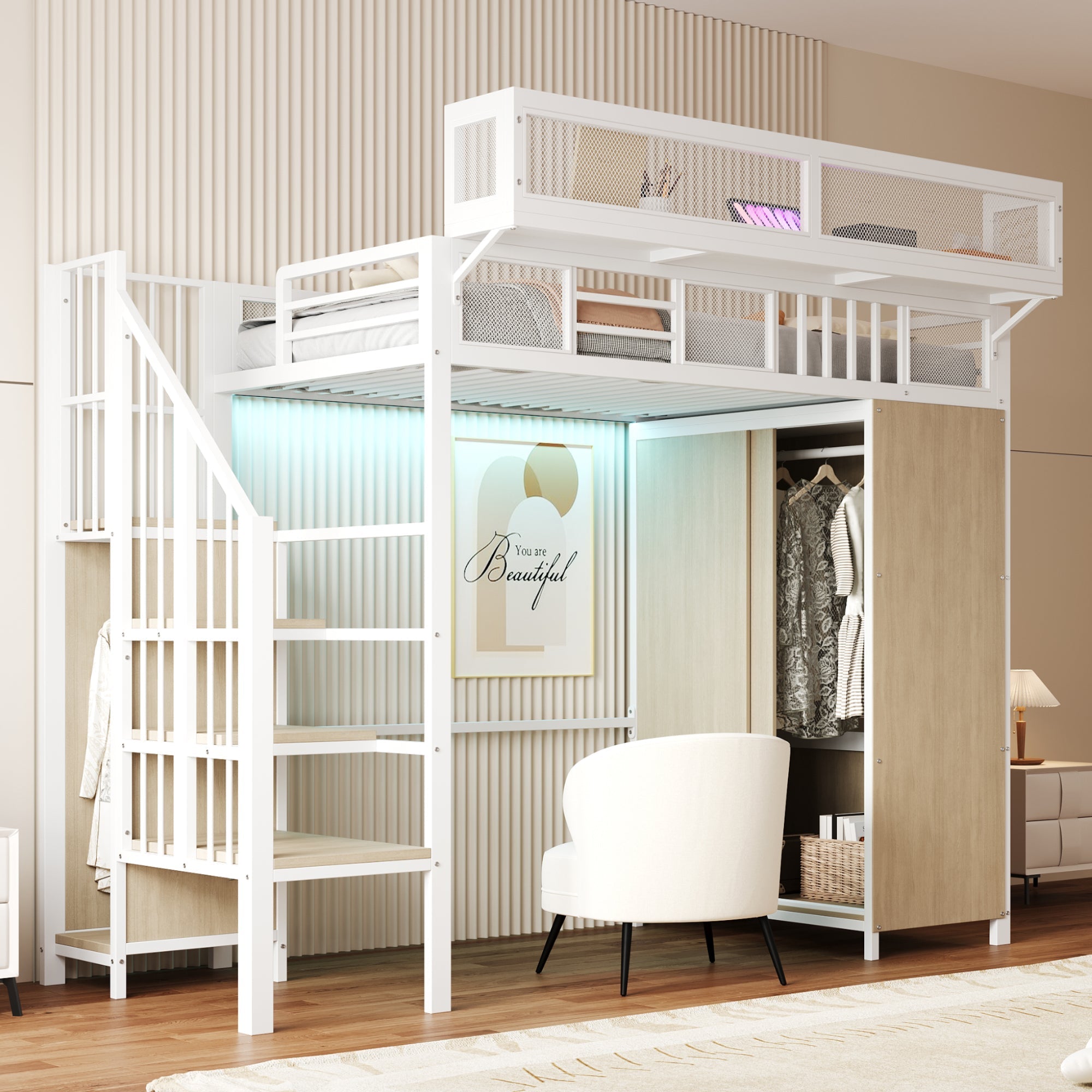 Metal Loft Bed with Wardrobe, Safety Ladder and LED Lighting, White