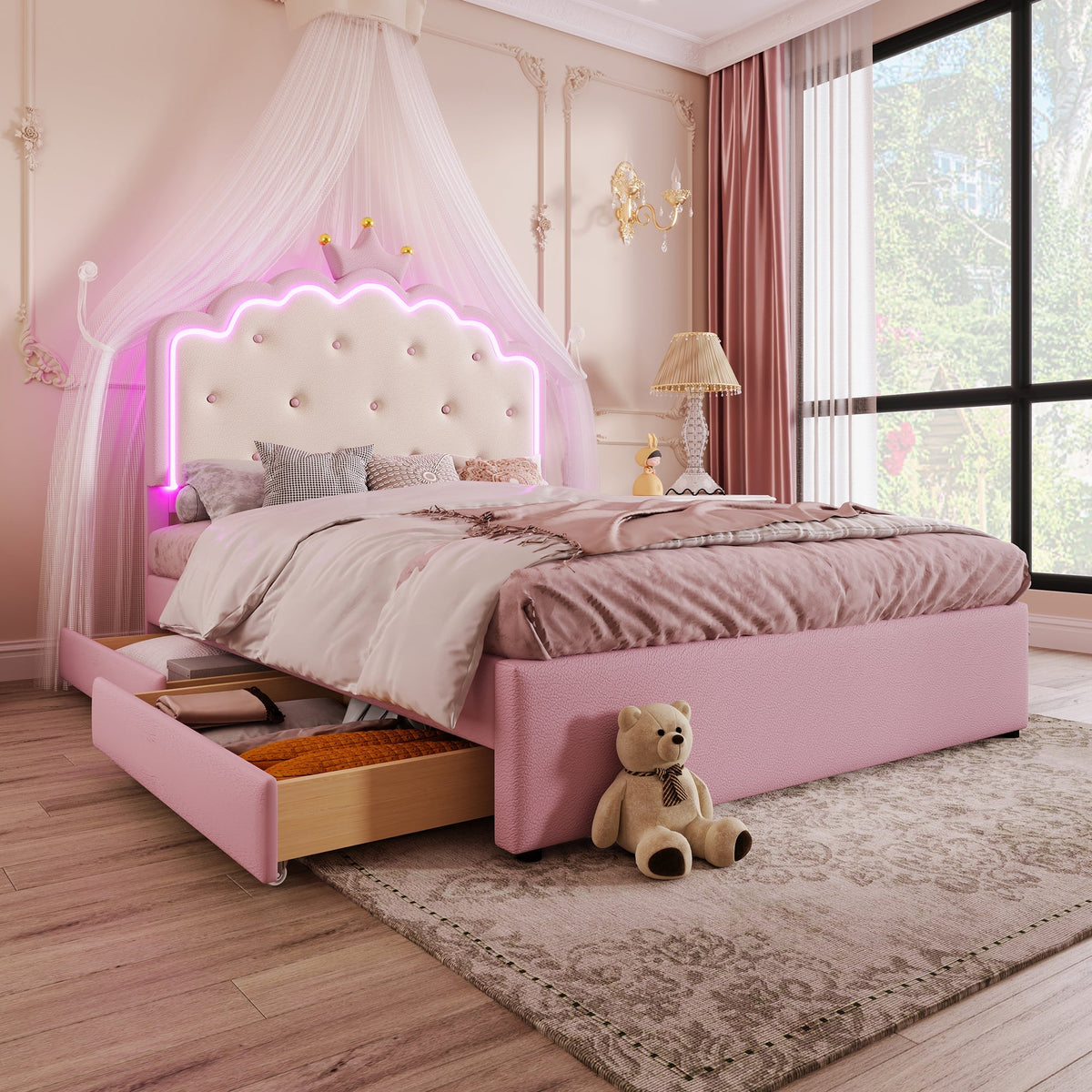 Upholstered Bed 140x200cm Pull-out 2 Drawers Ambient LED Princess Design - Pink PU