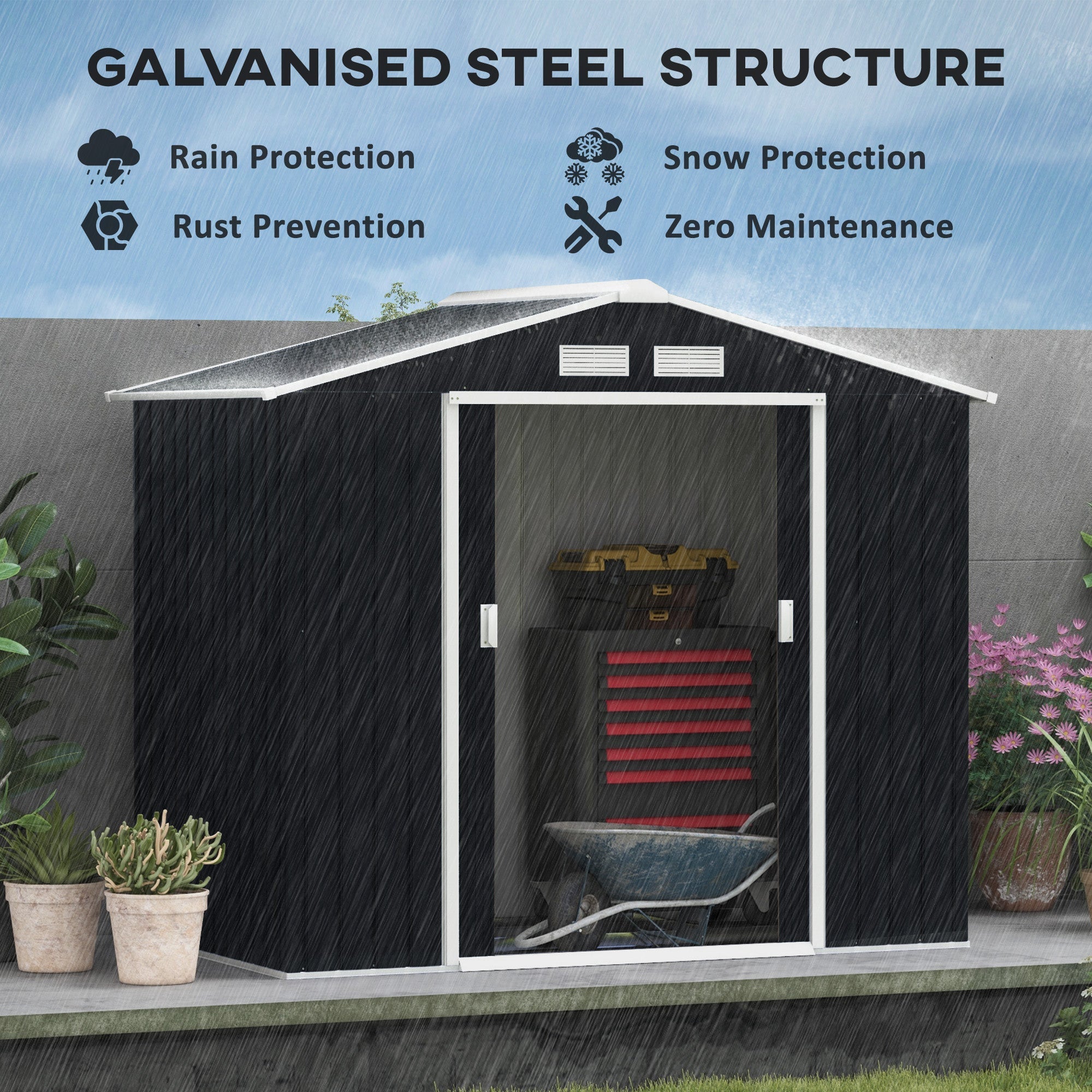 Weatherproof Shed 7 x 4ft Outdoor Bike Storage with Lockable Double Doors, Dark Grey