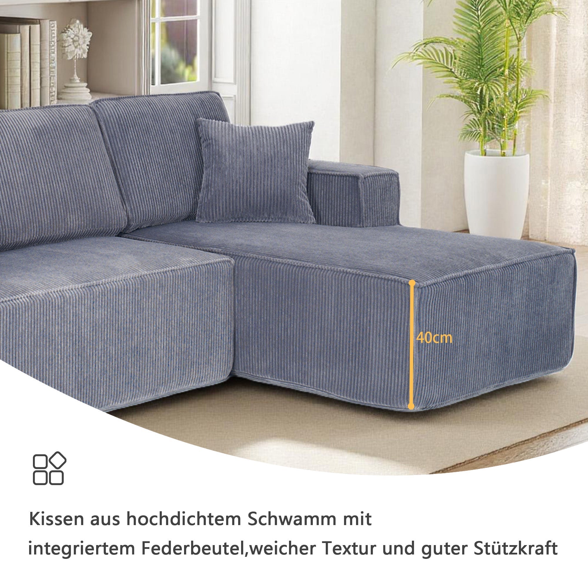 Modular L-Shaped Sofa with Chaise Longue and High-Density Foam, Gray Corduroy