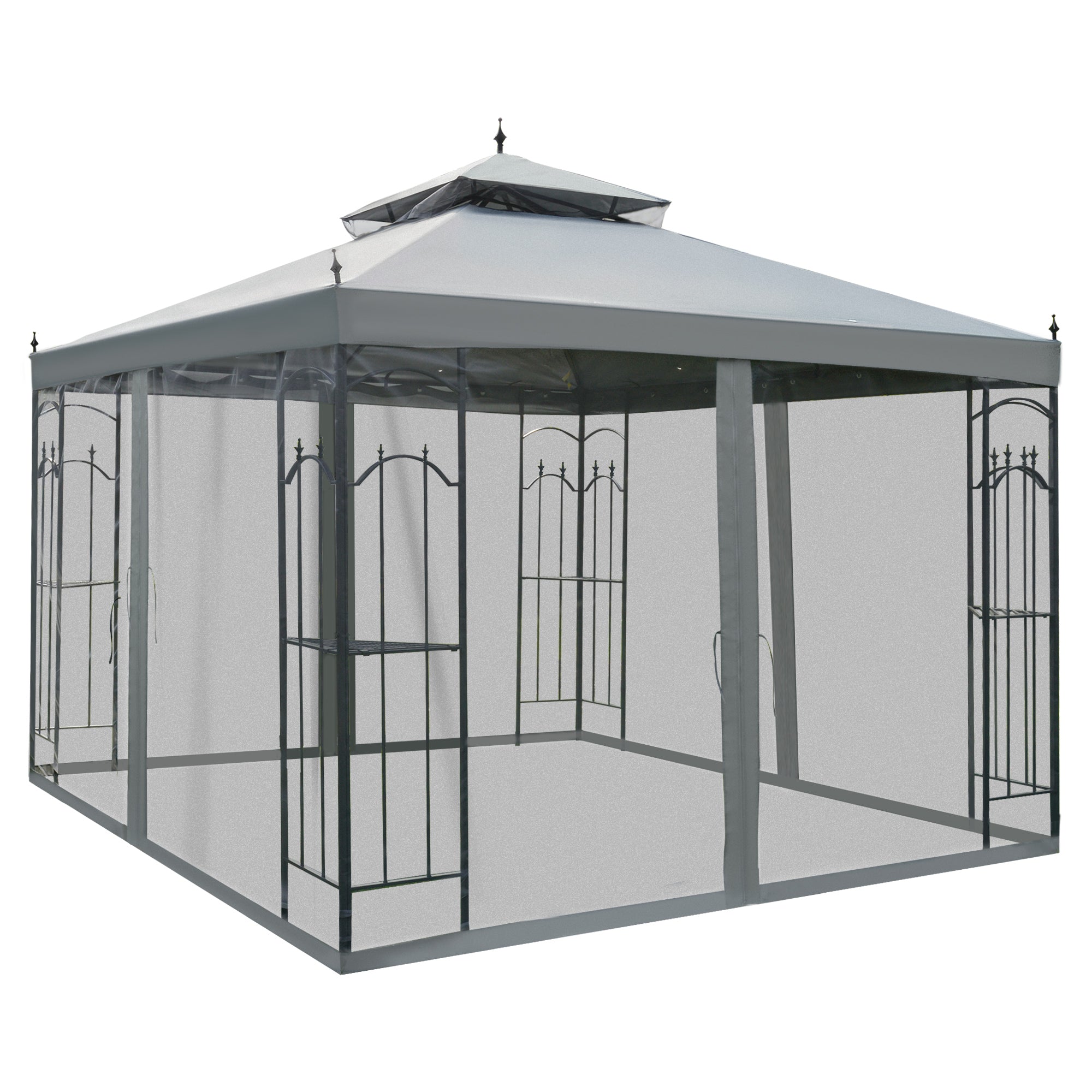 3x3m Garden Gazebo Double Top Outdoor Canopy with Netting - Grey