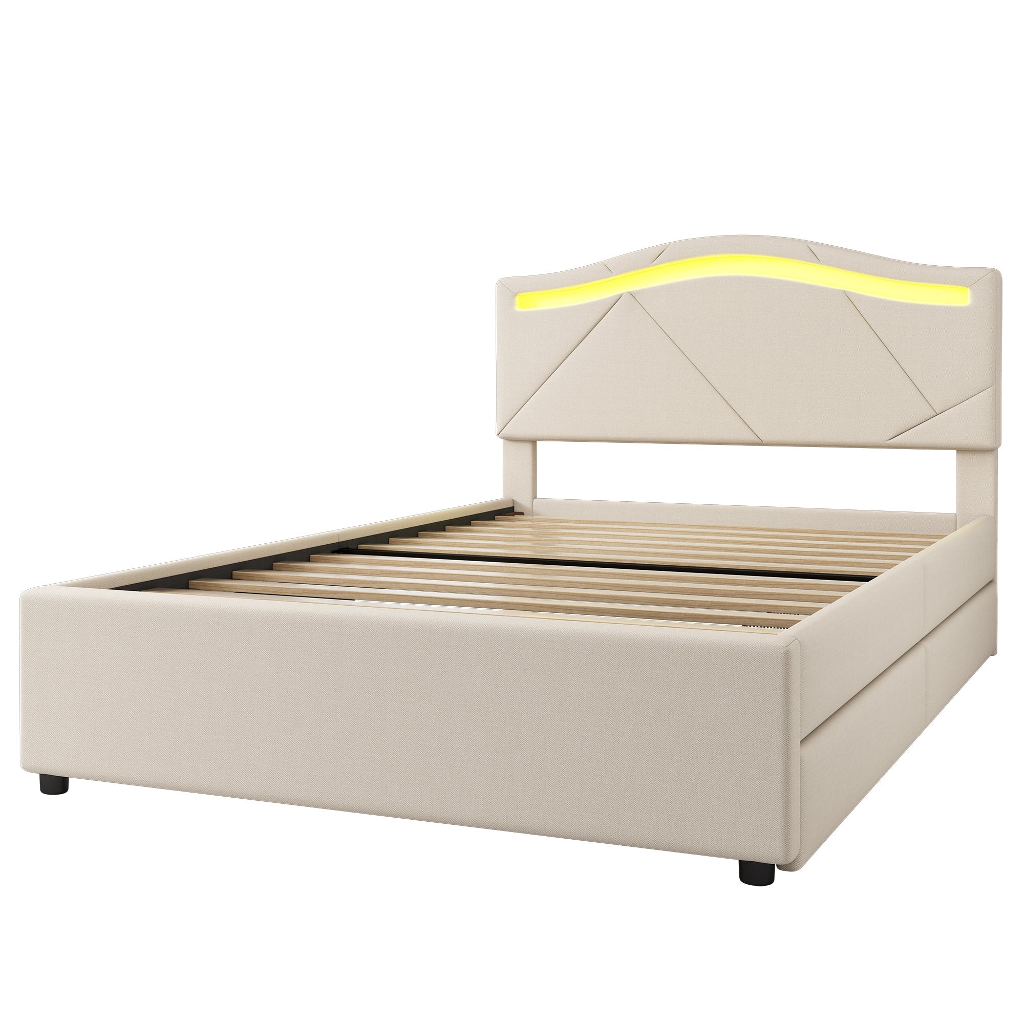Upholstered Bed 90x200cm LED Lights 2-Drawer Adjustable Headboard Beige Linen