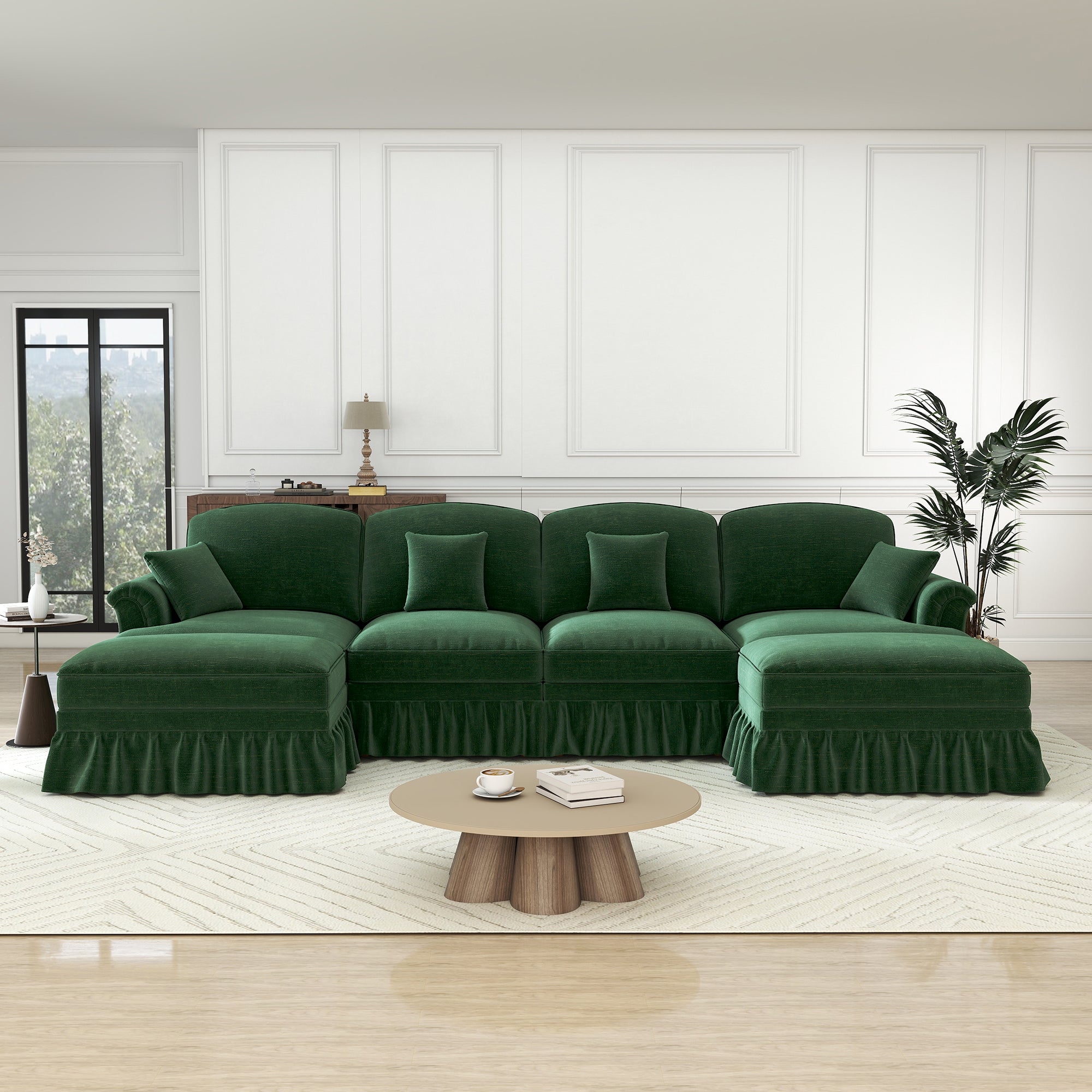 U-shaped Modular Sofa 4-Seater Movable Ottoman - Chenille Green
