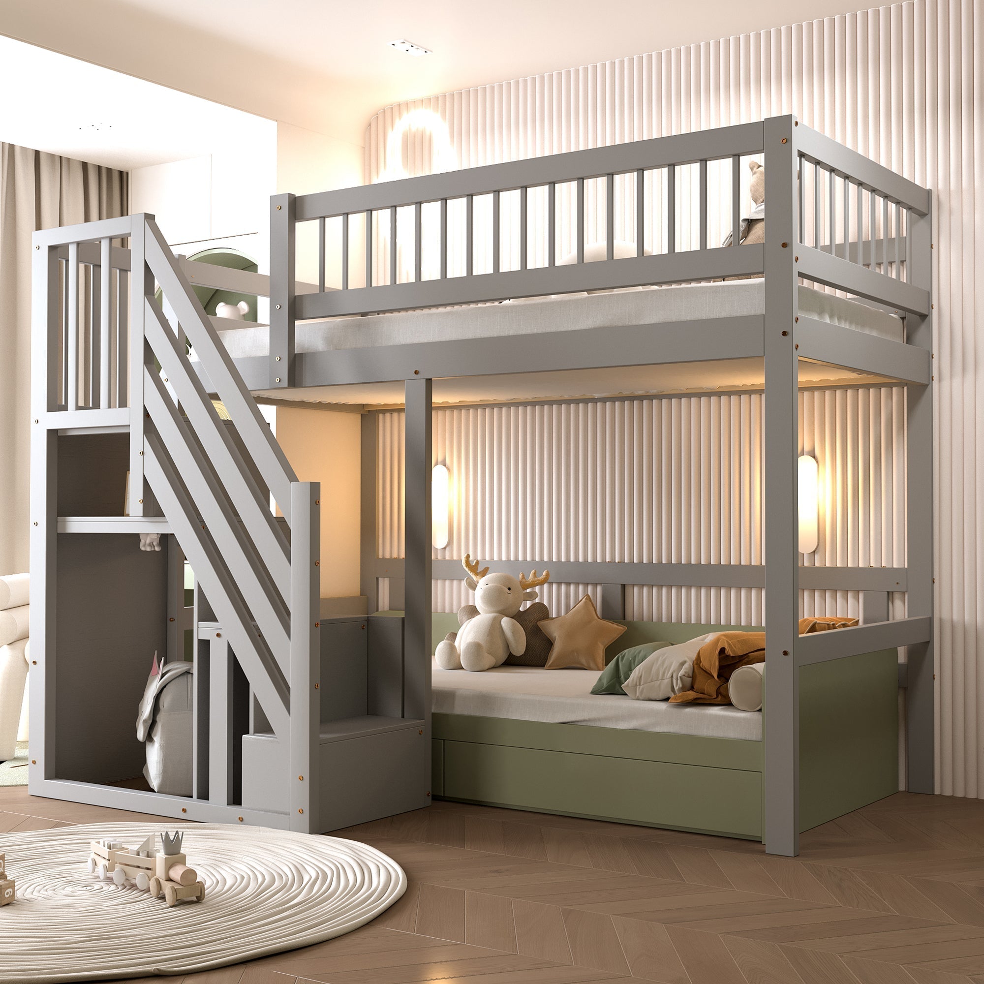 90×200cm Solid Wood Single Bed with Stairs and Storage Cabinet - Grey