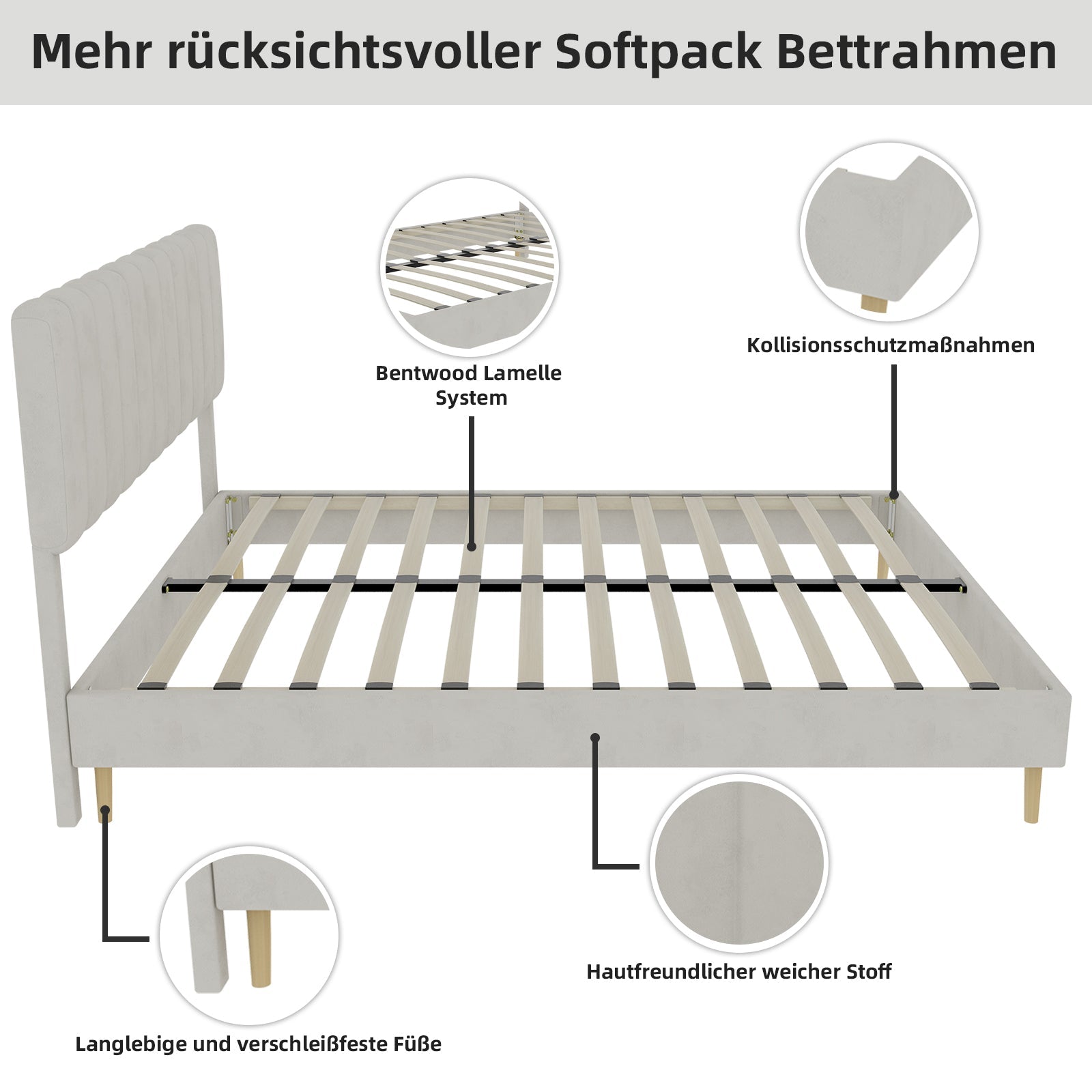 Upholstered Bed, Modern Minimalist Plush Headboard, 160x200cm, Beige