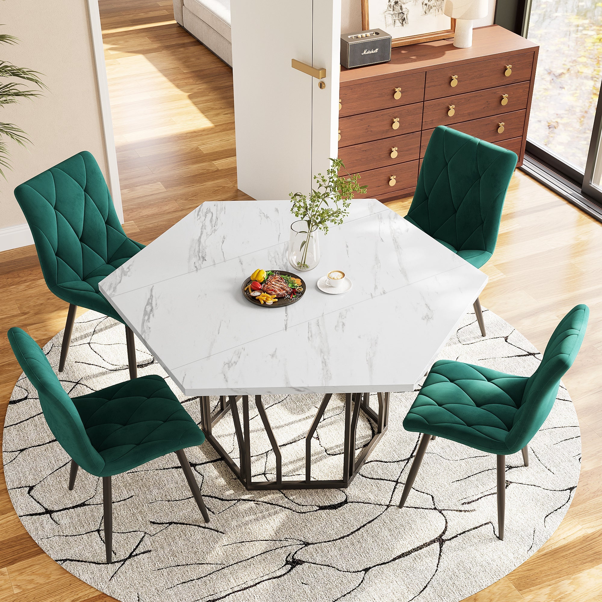 Dining Table and Chair Set 5-Piece Modern Hexagonal Marble Table 4 Green Velvet Chairs