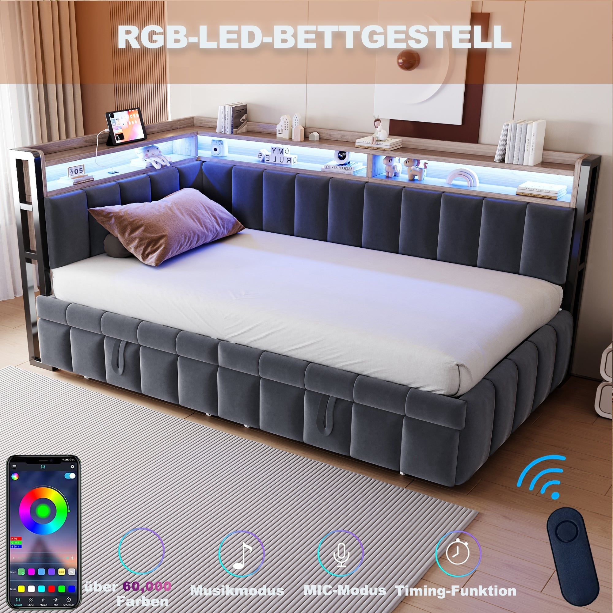 Upholstered Sofa Bed 90x200cm Pull-out LED Storage USB/Type-C, Dark Grey Velvet Fabric