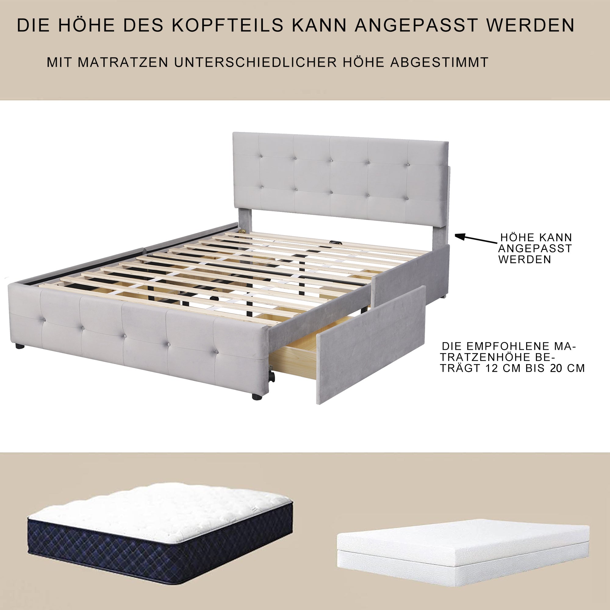 Upholstered Bed, 140x200cm Double with Drawers, Slatted Frame, Backrest, Velvet Fabric Gray
