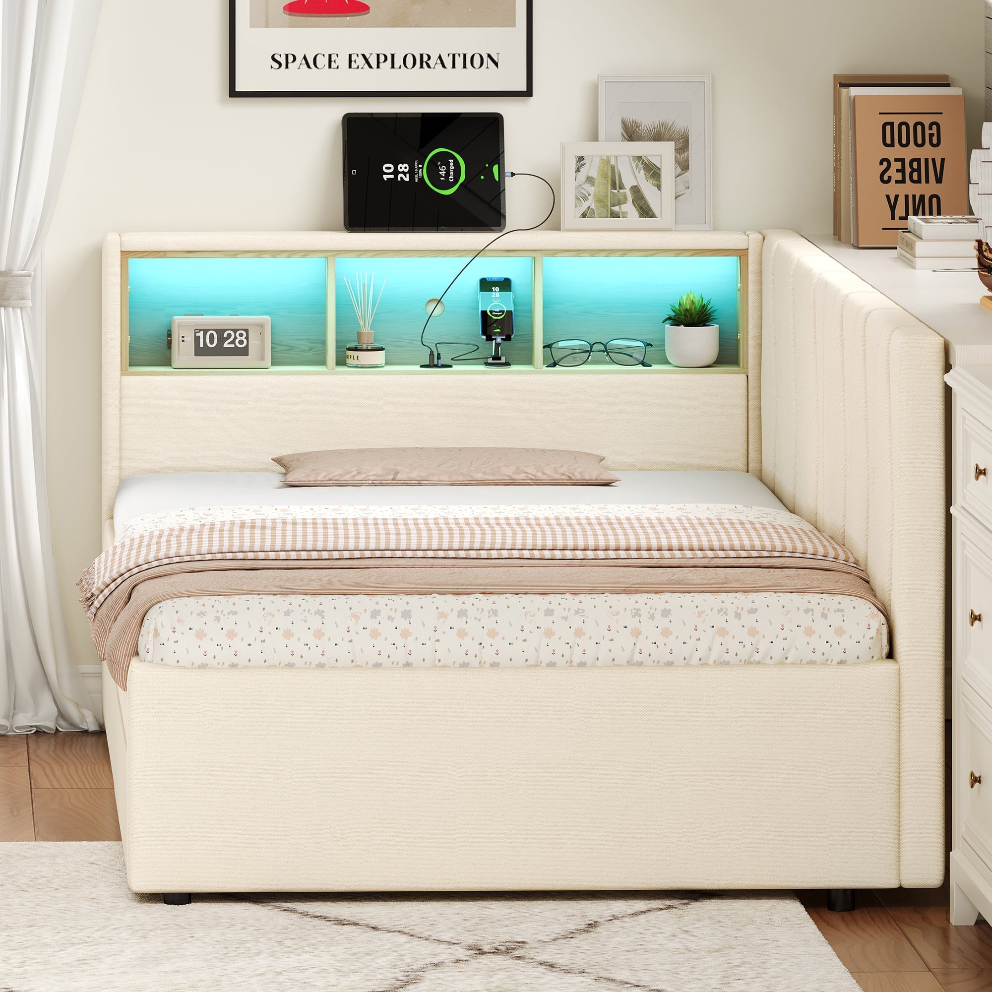 3ft Single Daybed with Two Storage Drawers, LED Modern Bed Frame with Charging Station, Linen, Beige