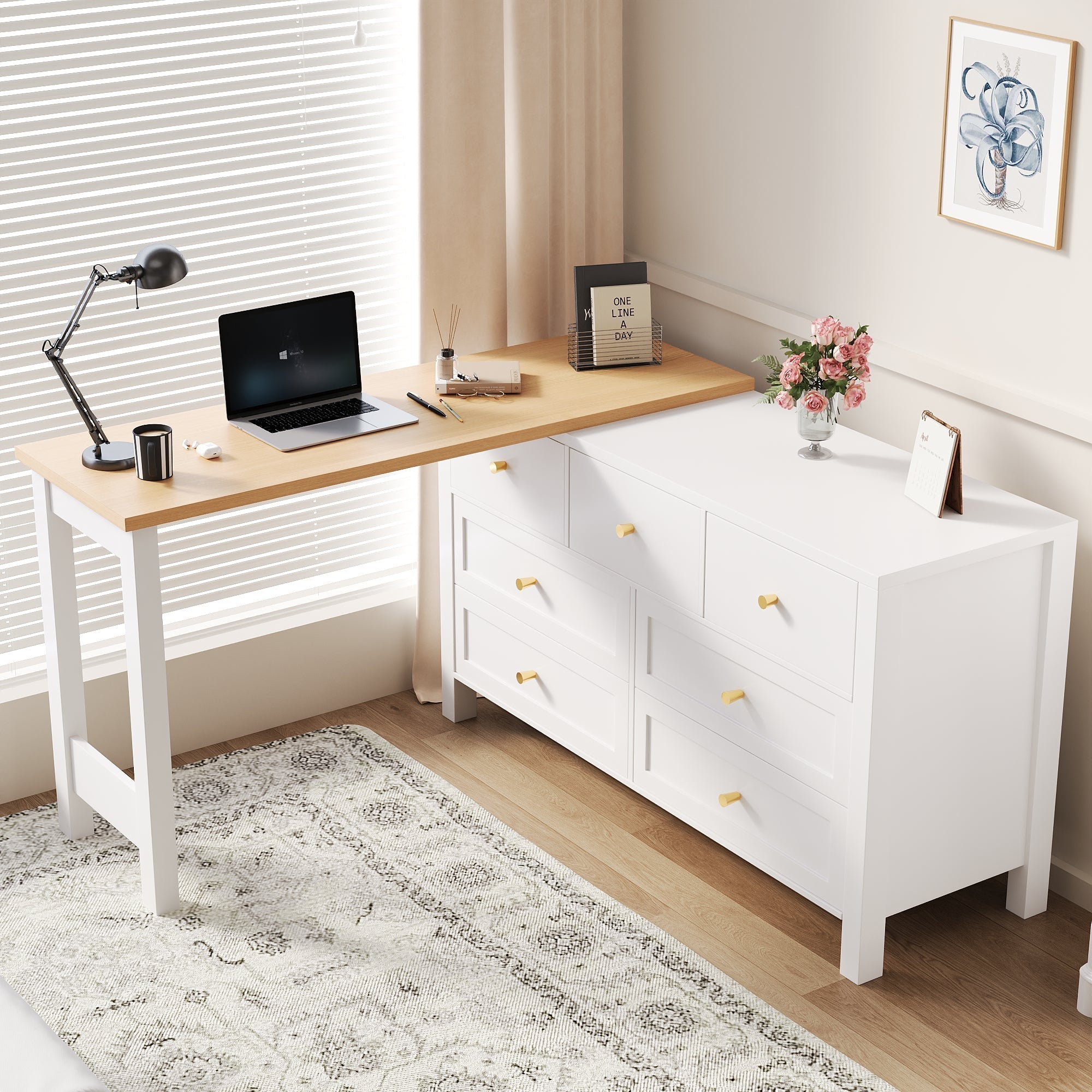 Desk, 7-Drawer 2-in-1 Rotating Workbench Sideboard, White/Natural Oak Look