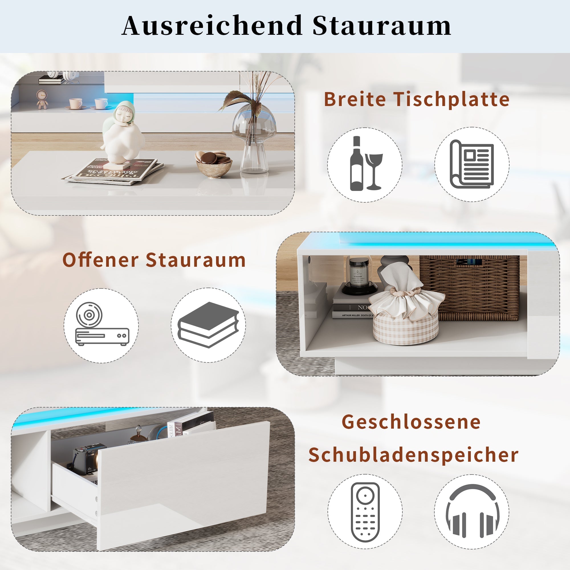 Modern high-gloss coffee table with LED lighting and drawer, 50 kg capacity