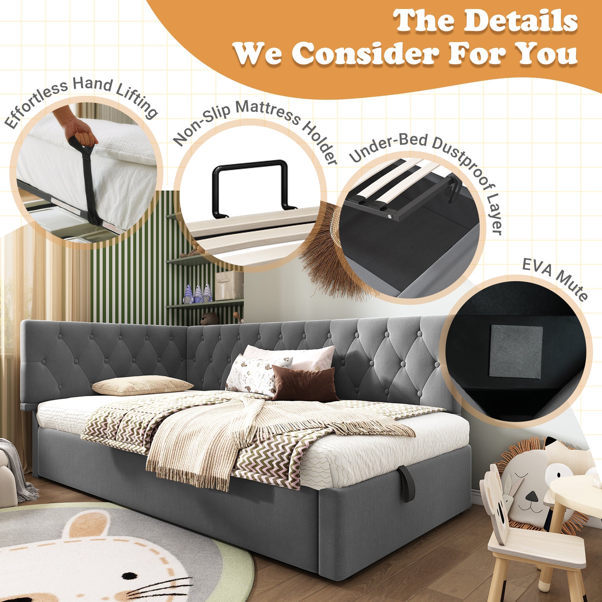 Daybed Upholstered Bed with Storage, 3FT Single Sofa Bed, Hydraulic Storage, Metal Slatted Frame, Velvet, Grey