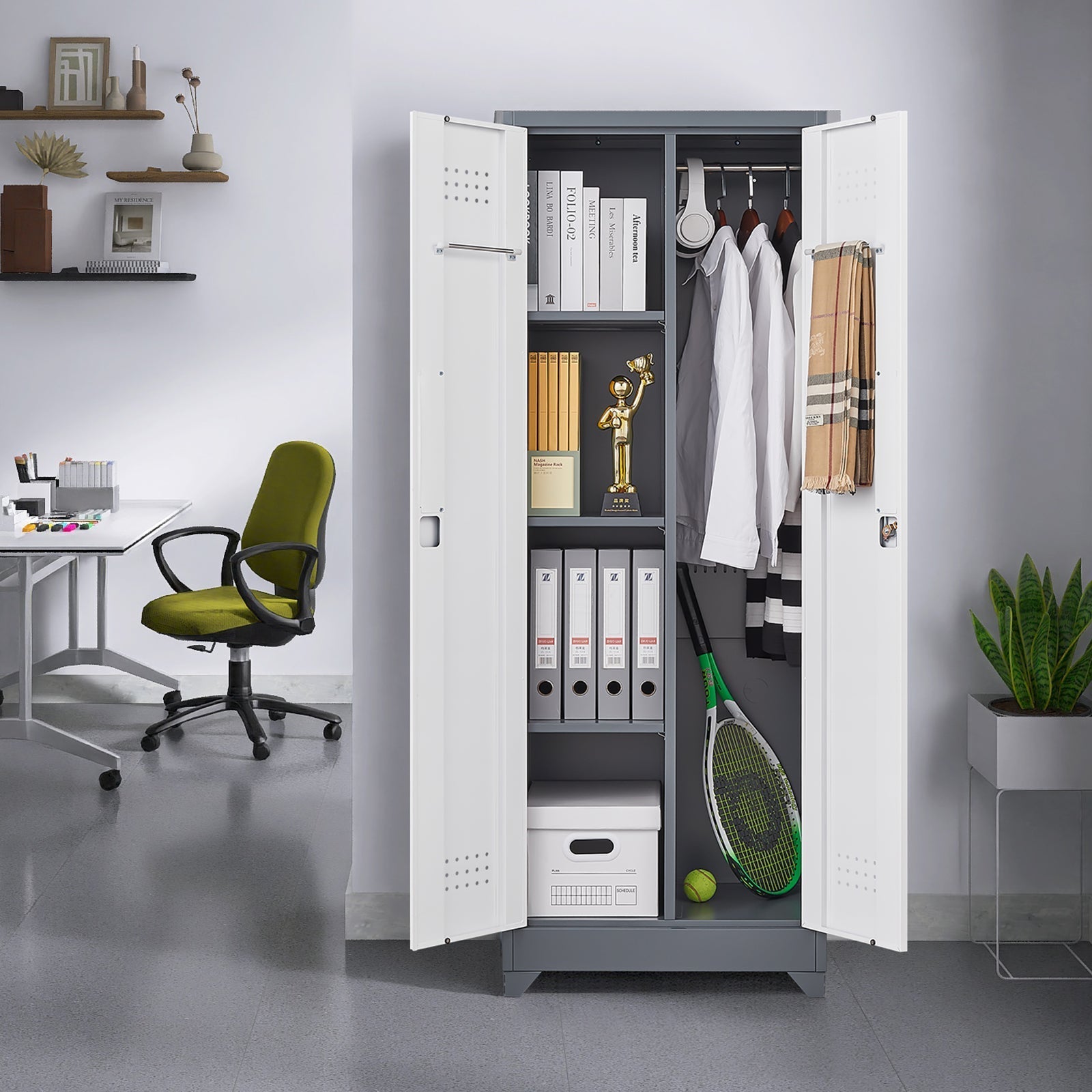 Broom Storage Cabinet with Locking Doors, Hanging Rod and S-Hooks, 65 Inch Metal, Gray
