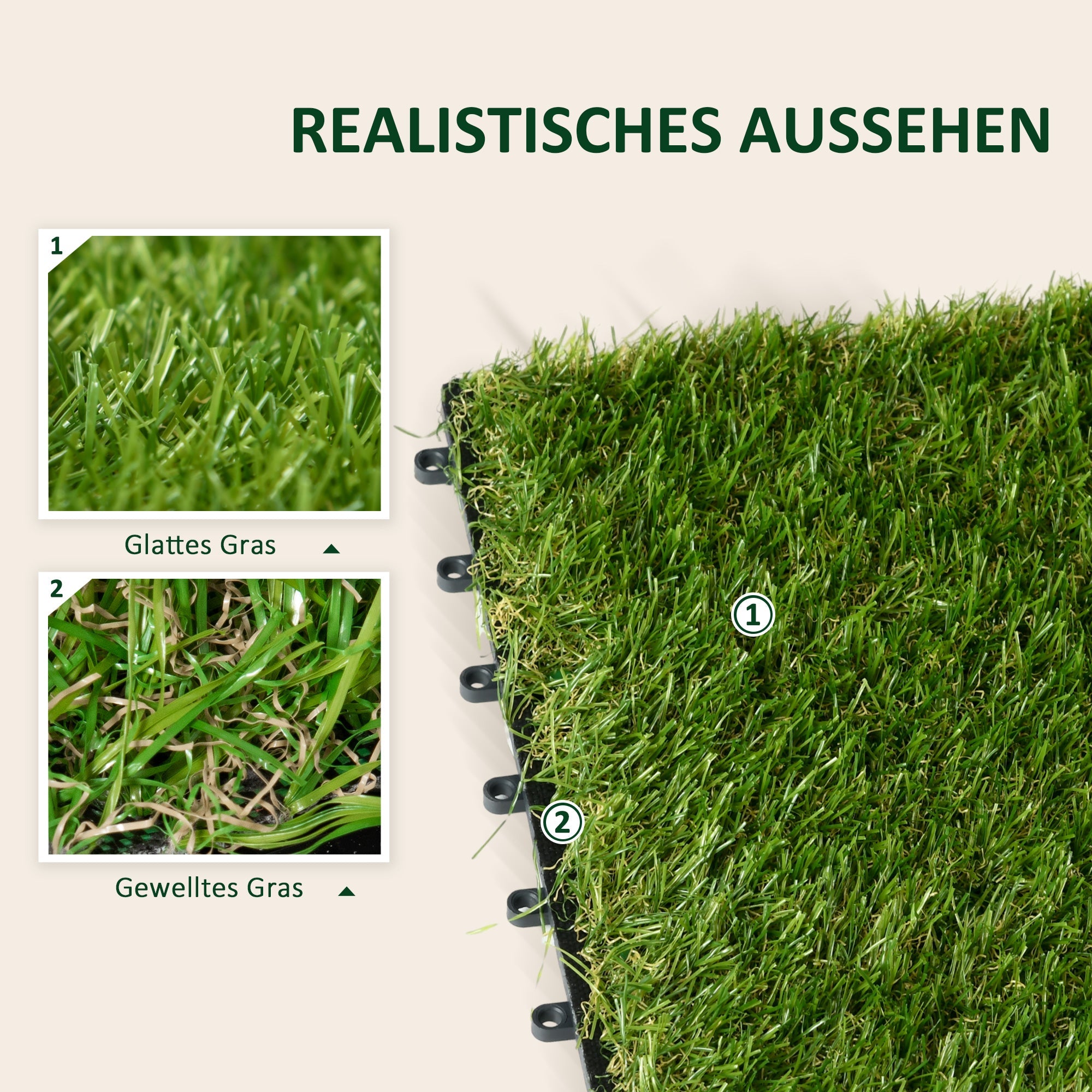 Artificial Grass Tiles, 10 Pieces 30x30cm 25mm Durable Easy Care, Dark Green Plastic