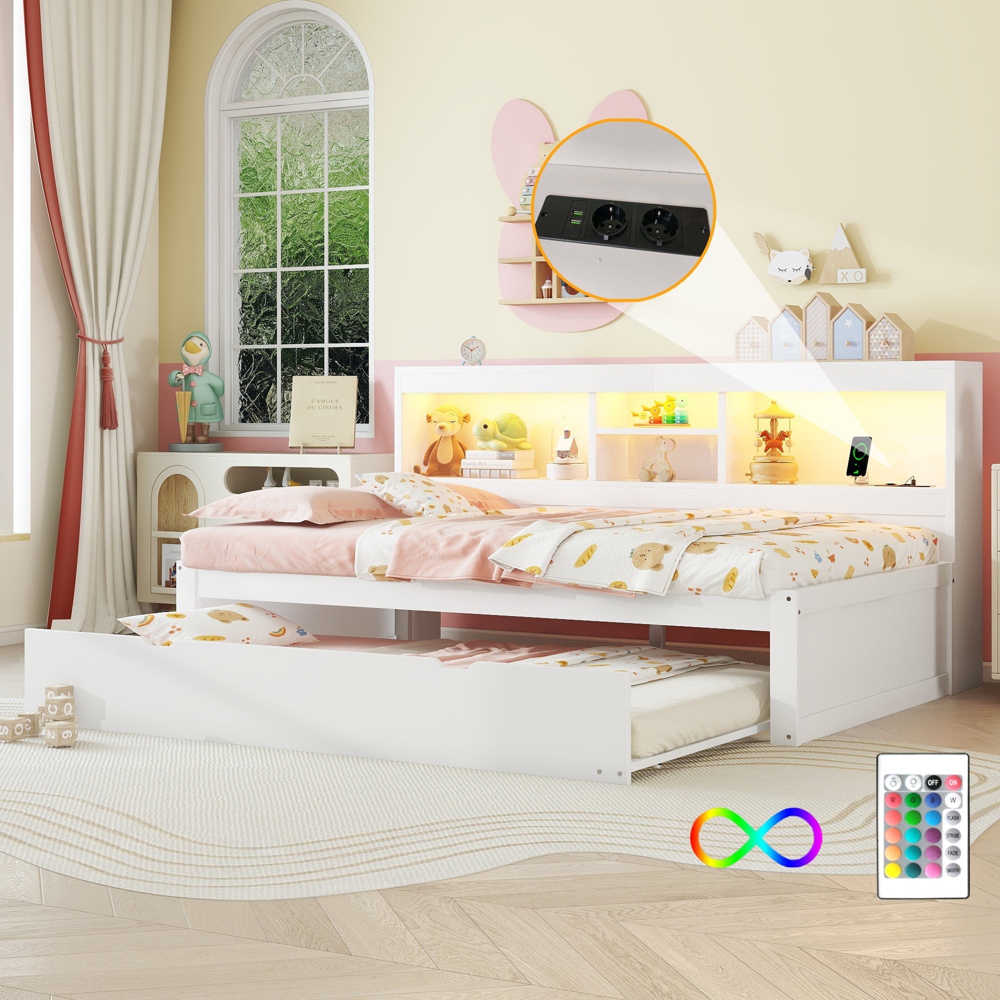 Daybed Sofa Bed 90x200cm Pull-out LED Storage USB/Power - White