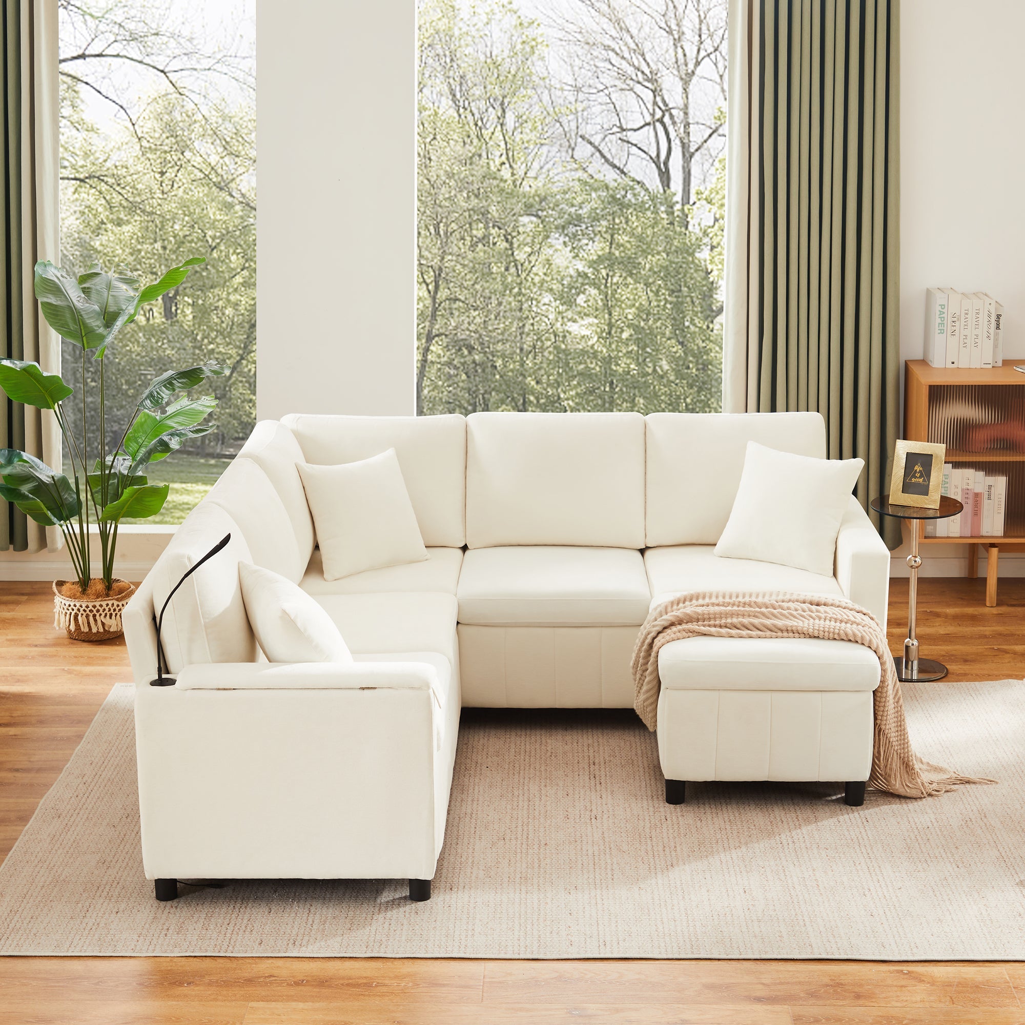 Chenille Corner Sofa Bed with Ottoman and USB Charging, Beige