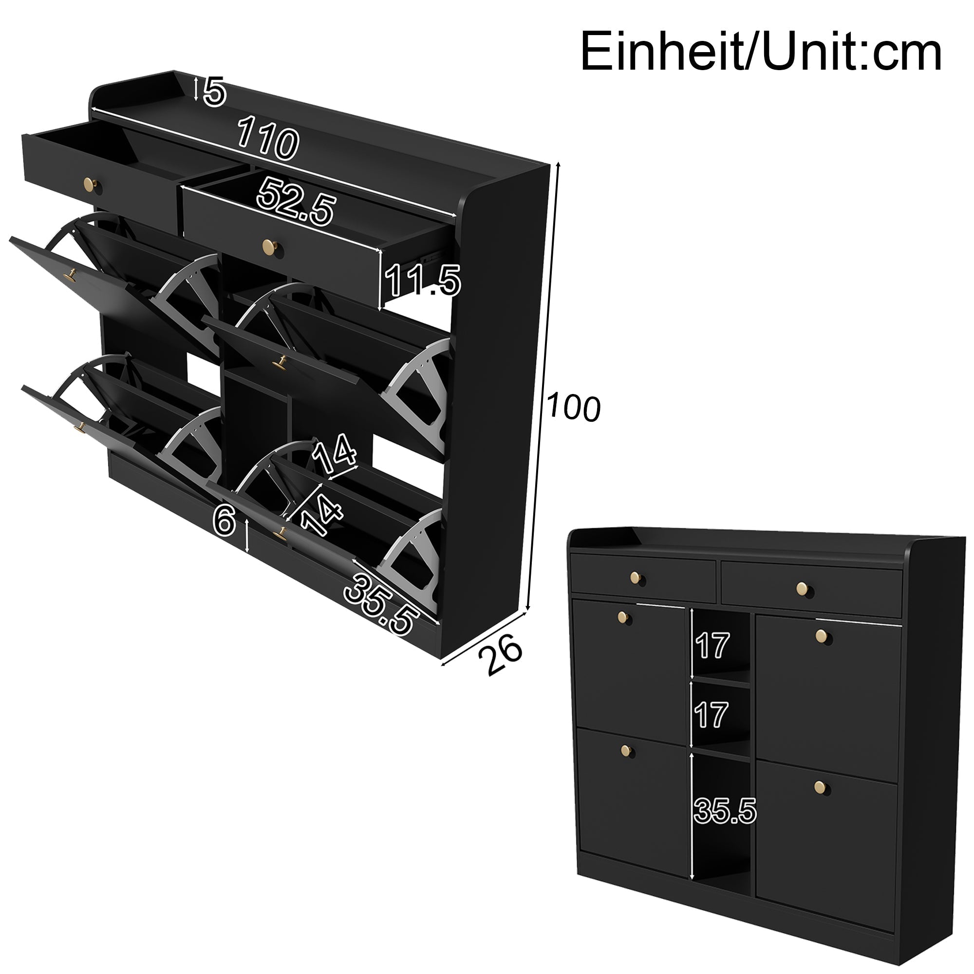 Shoe Cabinet, 4-Door, 2-Drawer, 3-Compartment, Black