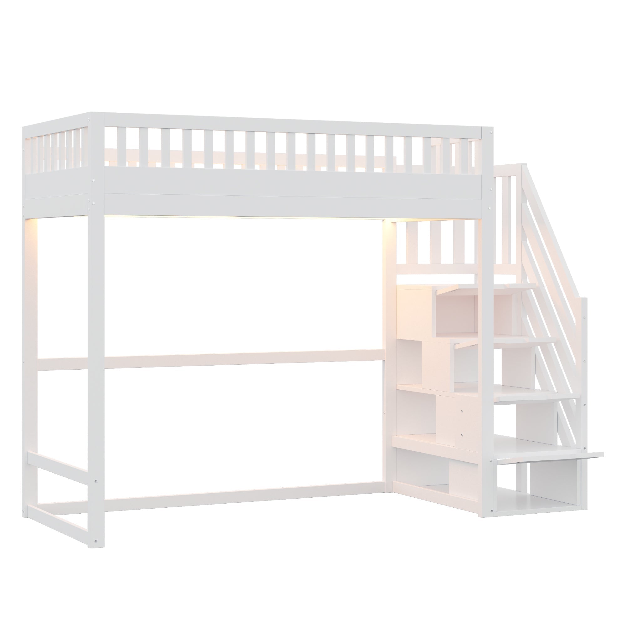 Loft Bed with LED Light Strip and Interchangeable Safety Ladders, 90x200cm, White Solid Pine Wood