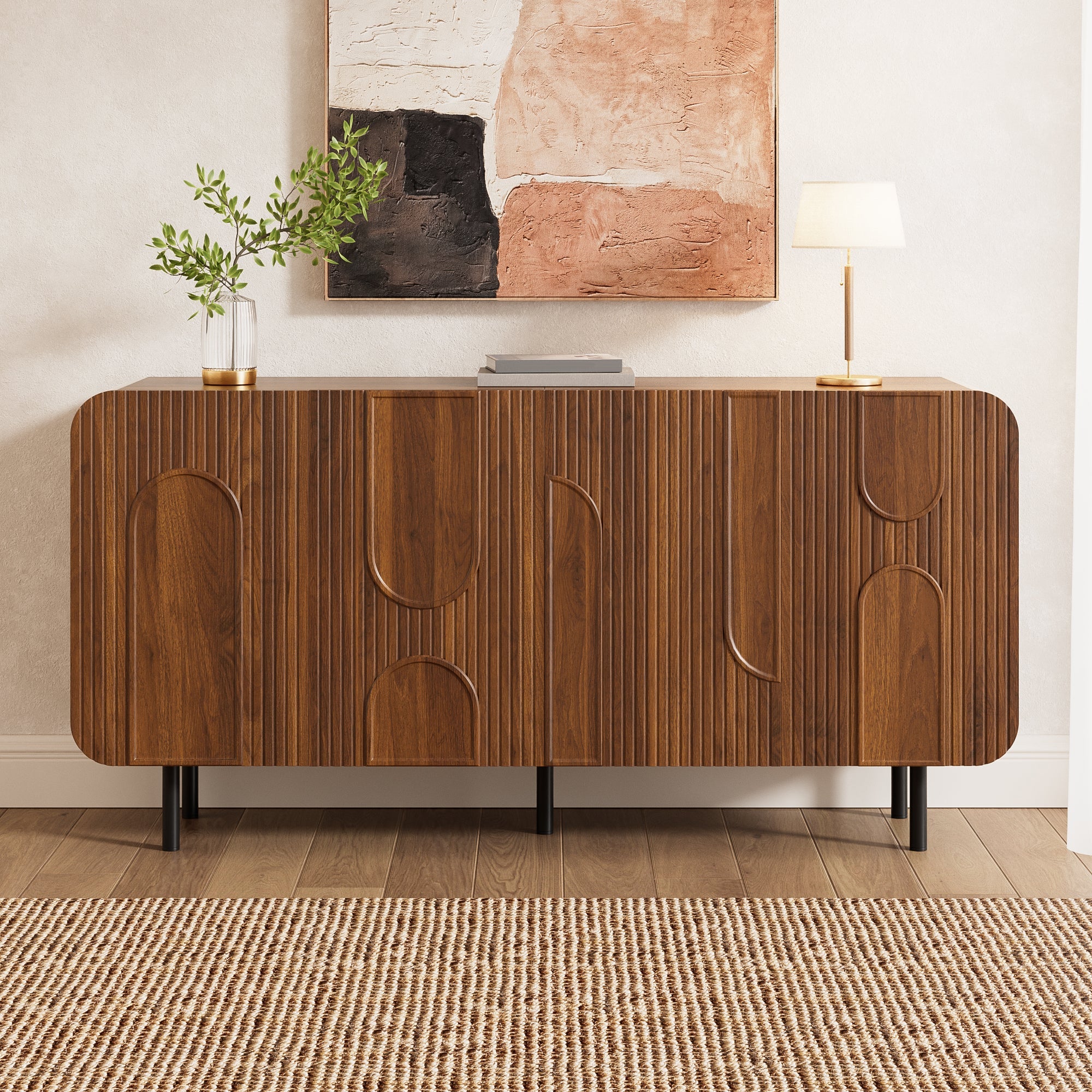 Mid-Century Sideboard with 4 Doors and 8 Compartments, Walnut Finish Wood and Metal