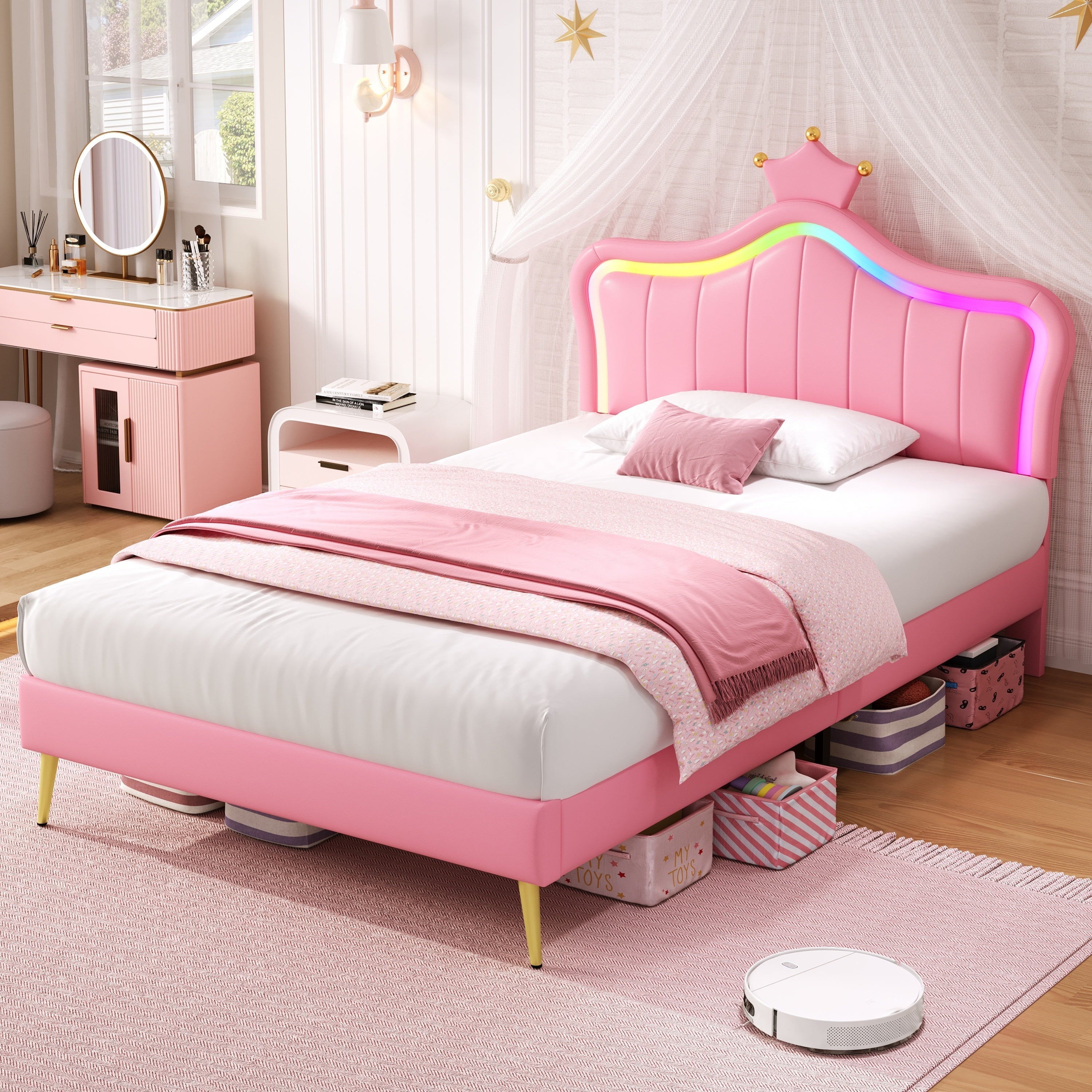3ft Single Upholstered Bed with LED Adjustable Crown Headboard, PU Leather, Pink