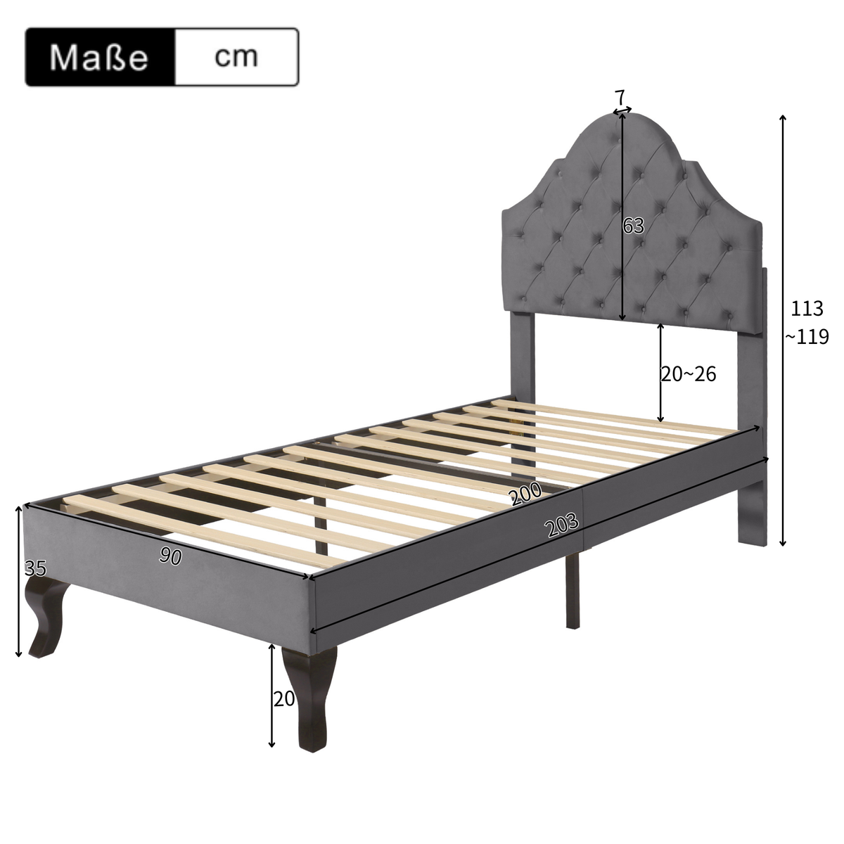 Upholstered Bed 90x200cm Adjustable Headboard Slatted Base - Velvet Grey