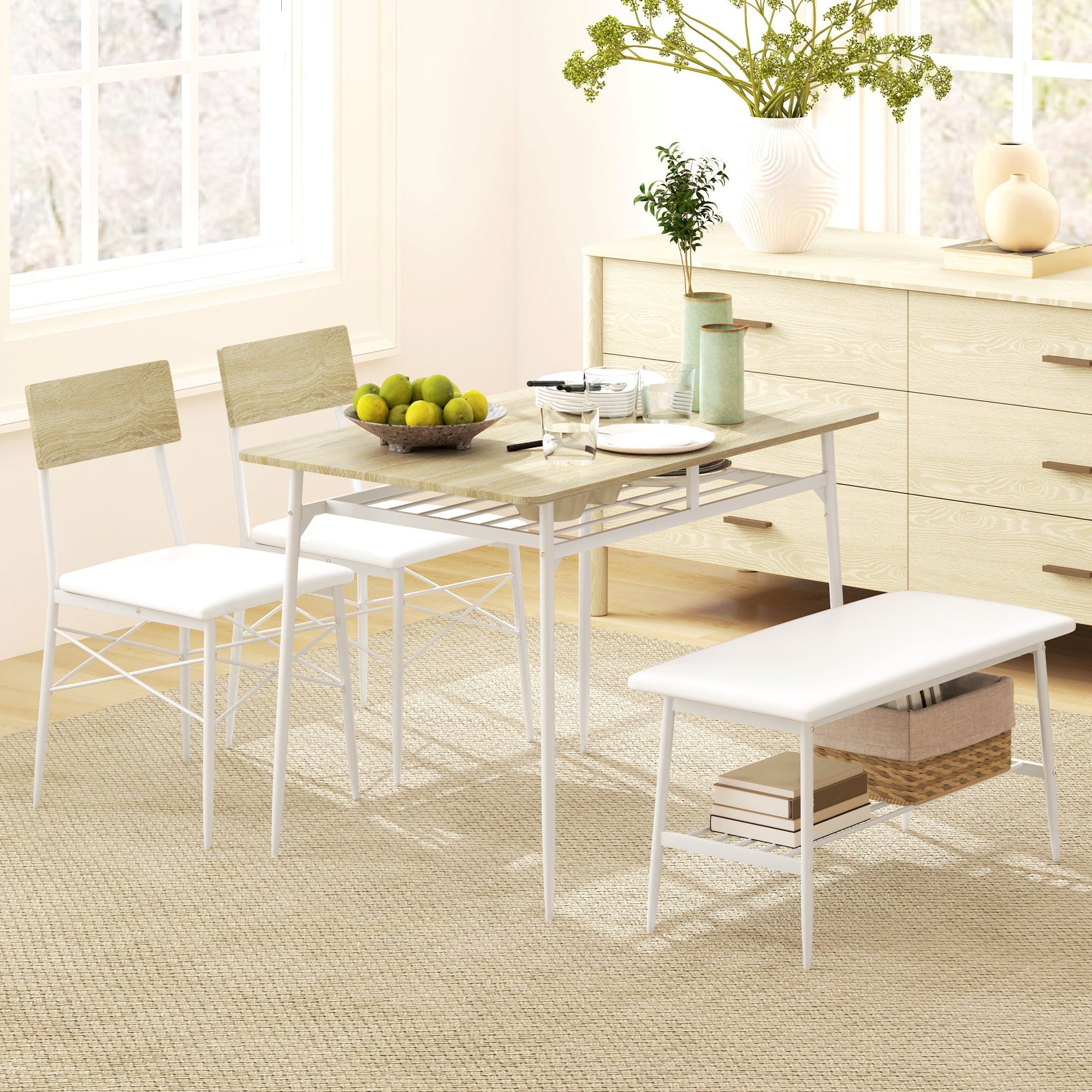 Dining Table Set, 4-Person Kitchen Table with Storage, Oak