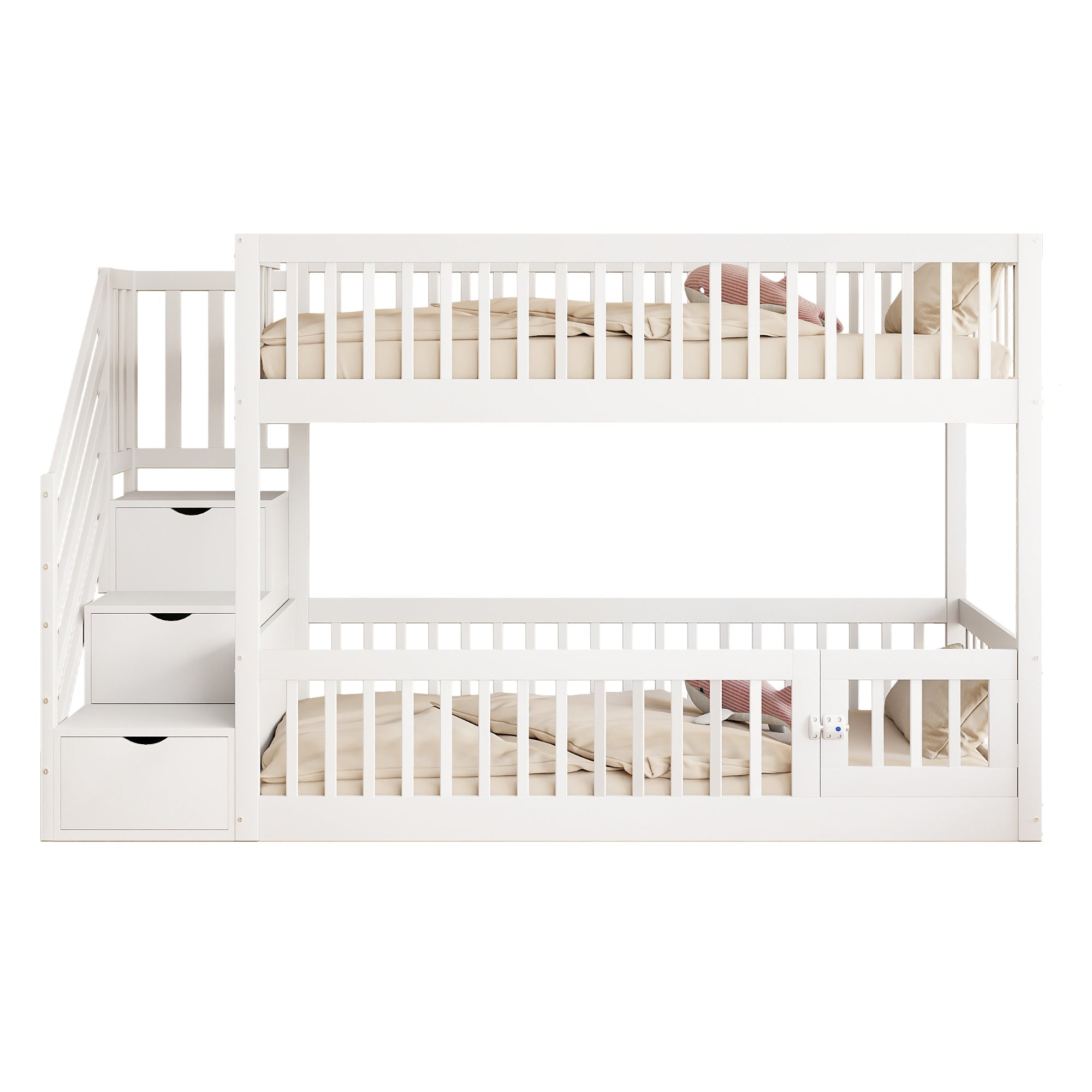 Bunk Bed 90x200 Safety Stairs Drawers Storage, White Wooden