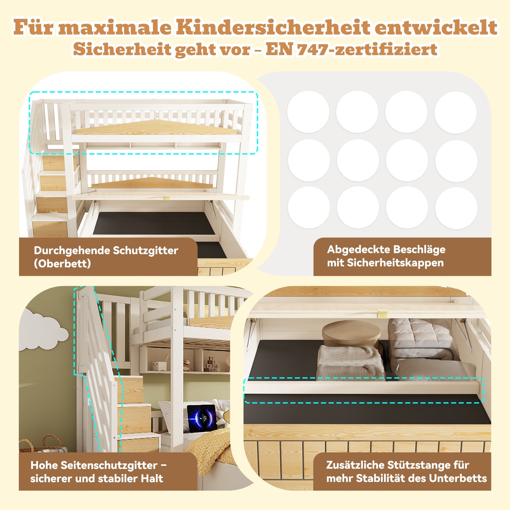 Children's Wooden Bunk Bed 90x200 & 140x200 cm with Hydraulic Storage and USB-C Port, White and Natural