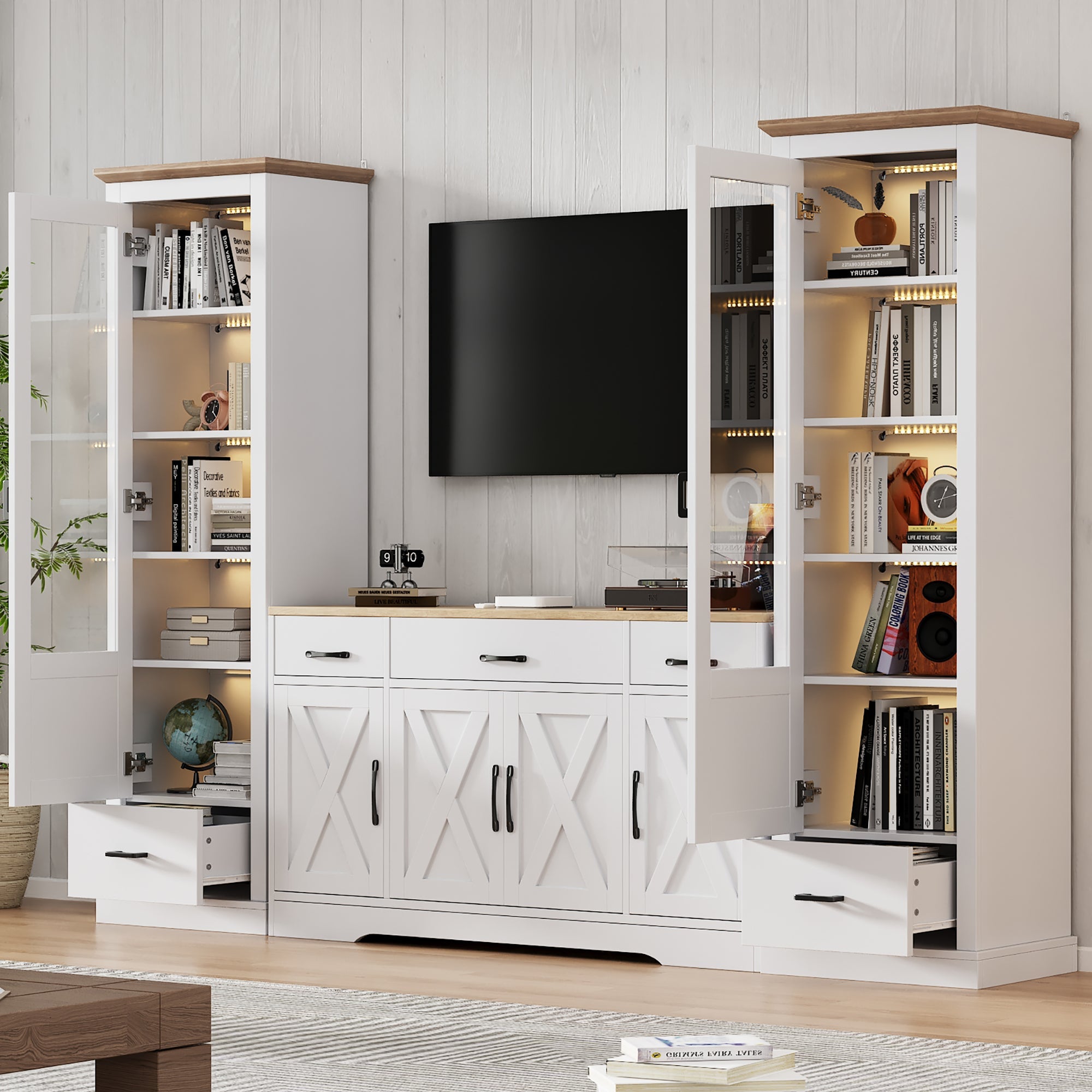 Living Room Set Combo, LED Display Cabinets and Multifunctional Sideboard, Matte White