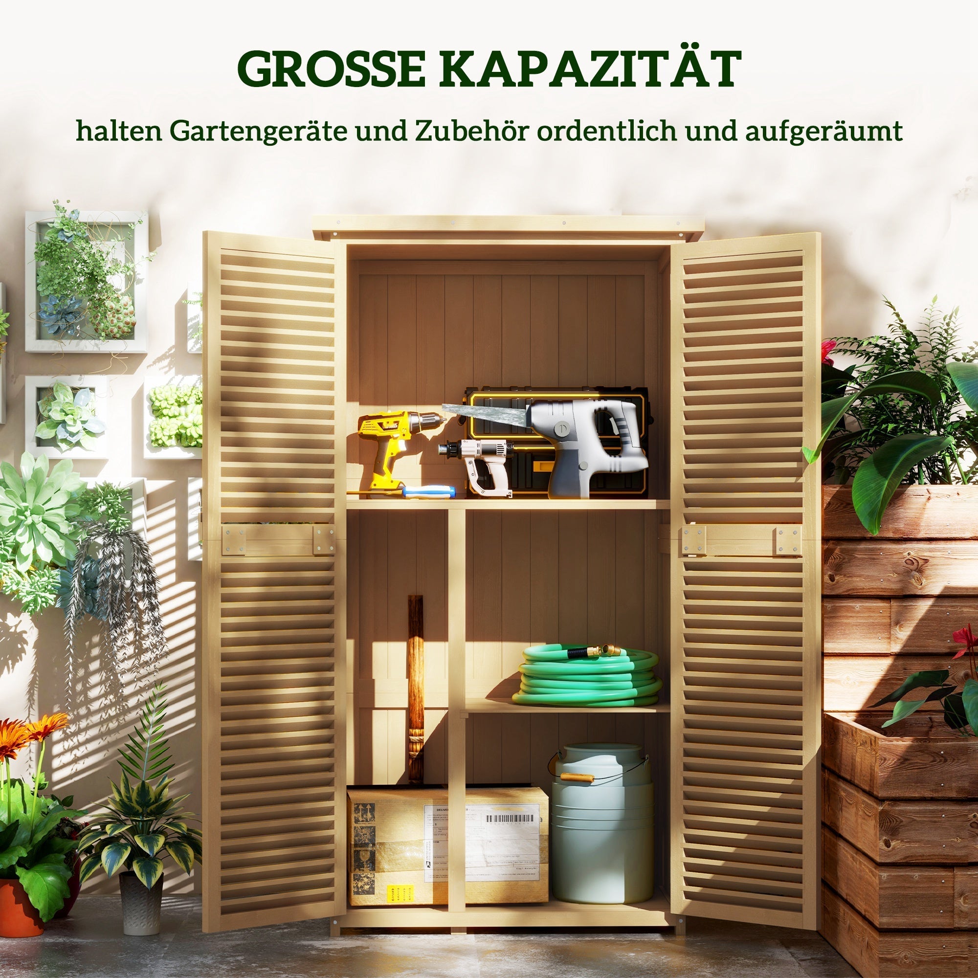 Garden Shed/Tool House, Asphalt Roof Louvered Door 4 Compartments, Wooden Light Yellow
