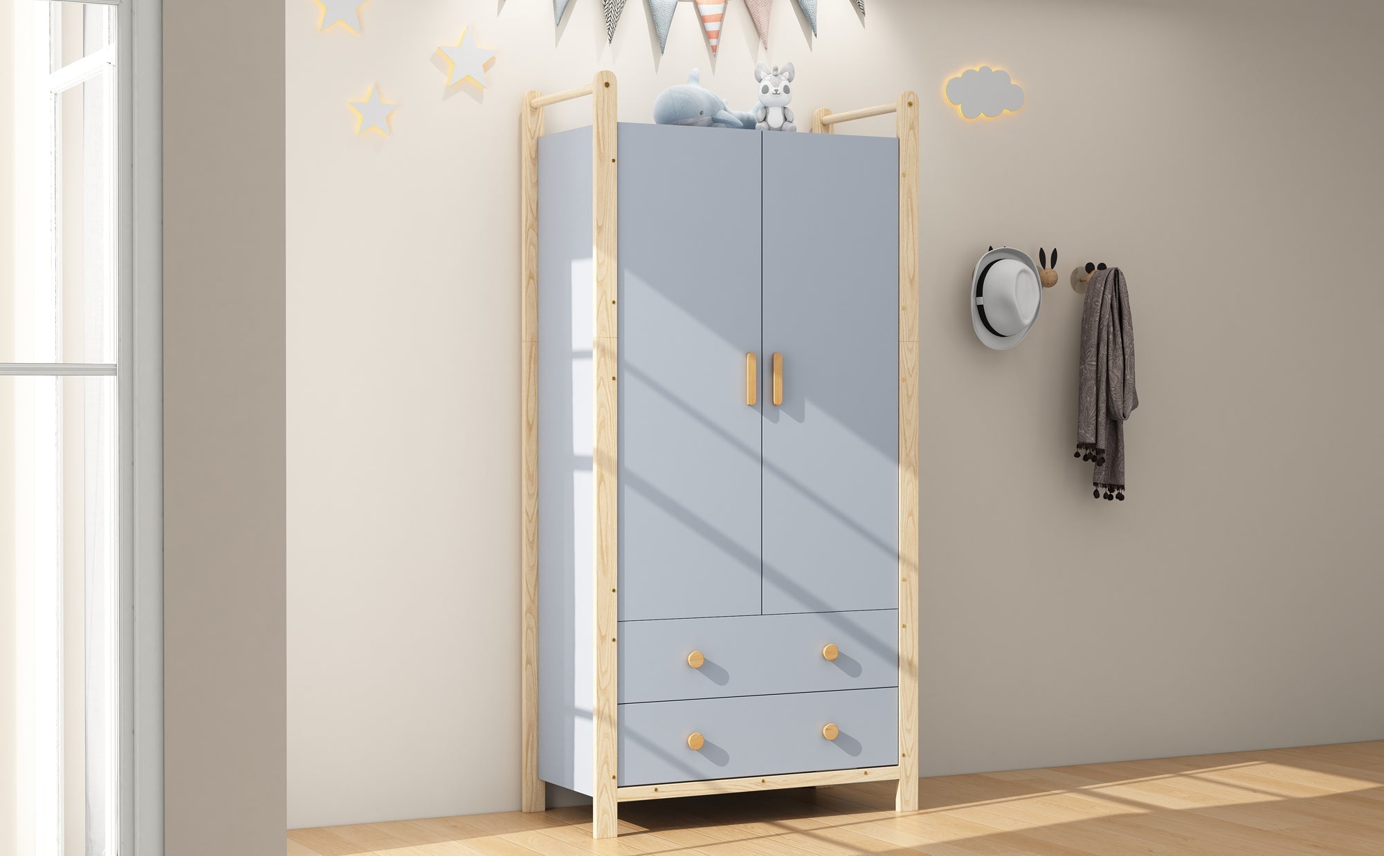 Wardrobe 2-Door with Clothes Rail and 2 Drawers, Blue Chipboard + Pine Frame