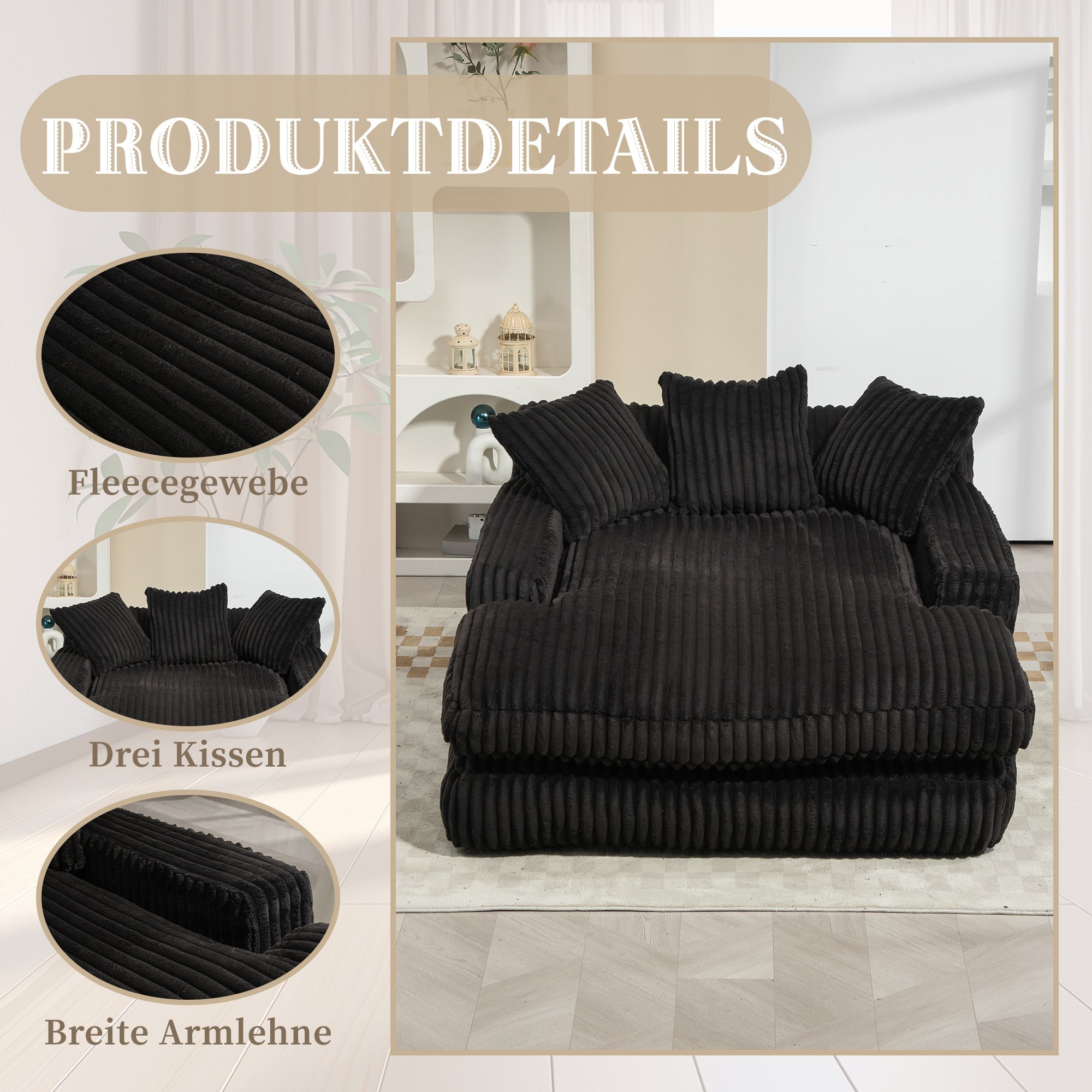 Sofa Bed, Cloud Couch with 3 Soft Pillows, Single Seat, Corduroy Black