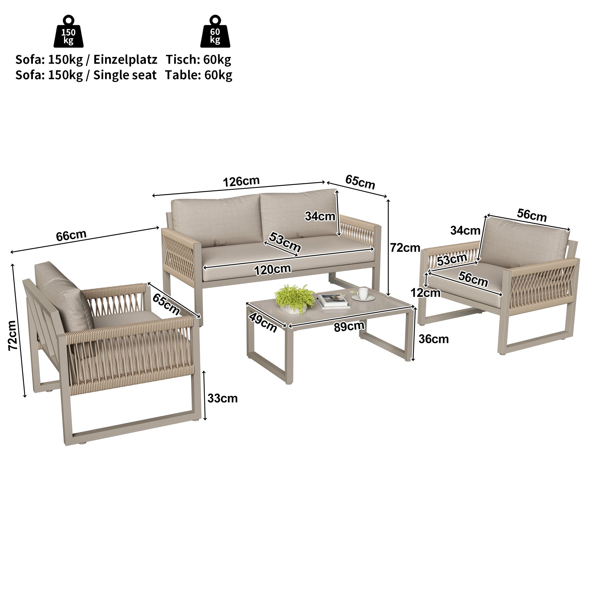 Garden Lounge Set 4-Piece Rope Furniture with Glass Top, Khaki Rope/Iron Frame
