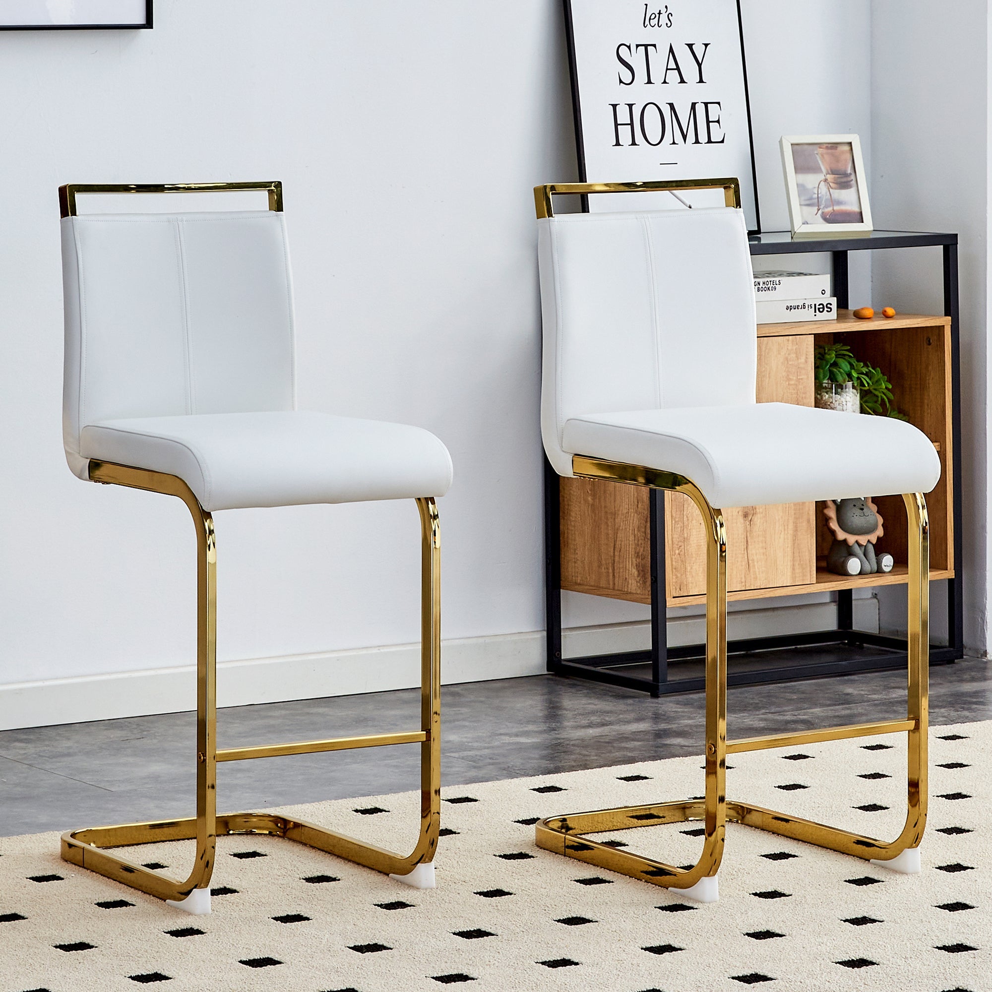 Bar Stools Set of 2 Nordic Style Gold Metal Legs - White Faux Leather