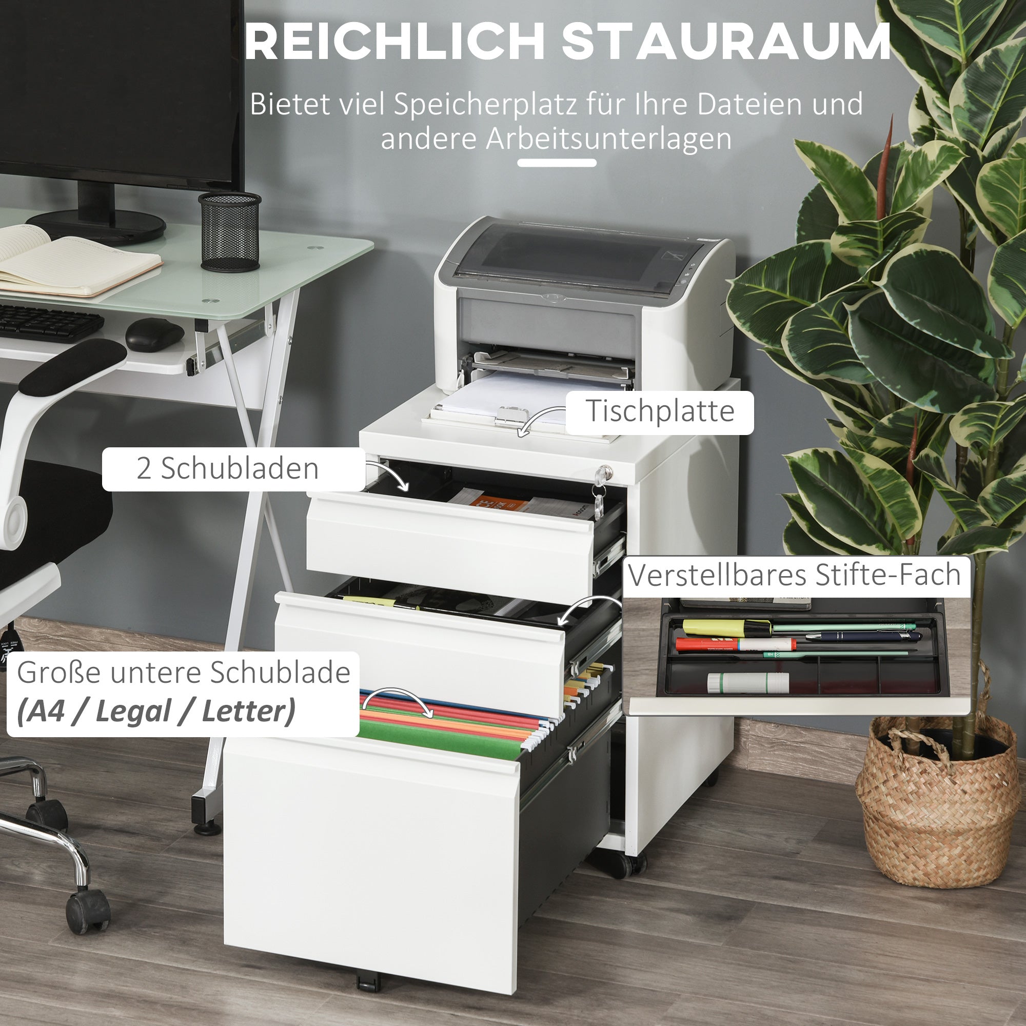 Vinsetto Mobile Office Cabinet, 3 Drawers Wheels, Steel White