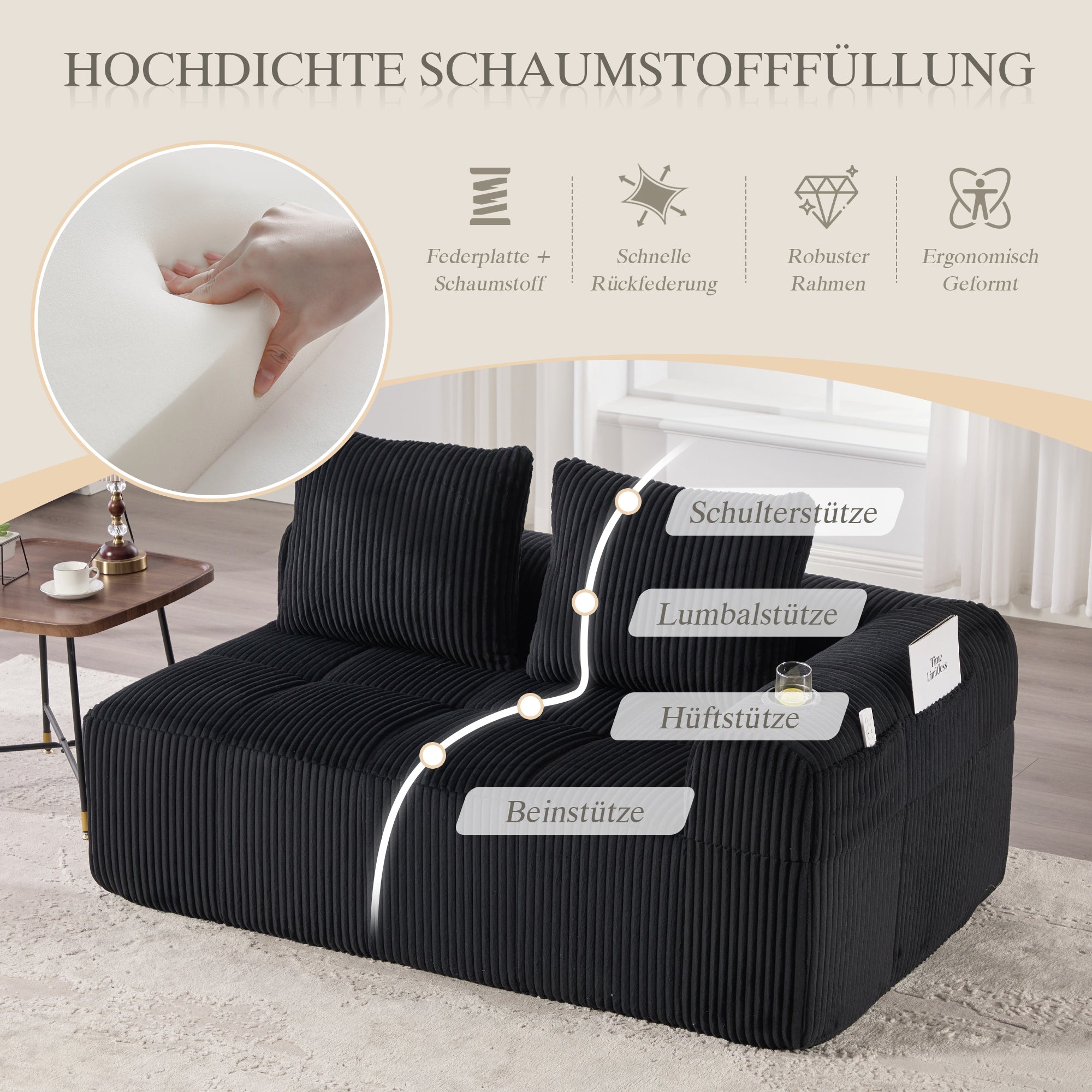 Two-Seater Sofa Storage Pocket Drink Holder - Corduroy Fabric